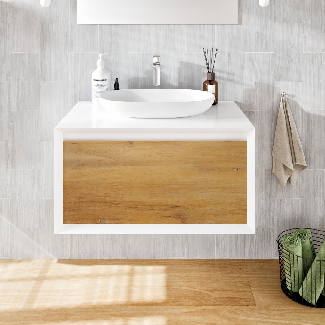 Eviva EVVN555-30MWH Santa Monica 30-in Off-white Single sink Floating Bathroom Vanity with White Solid surface Top