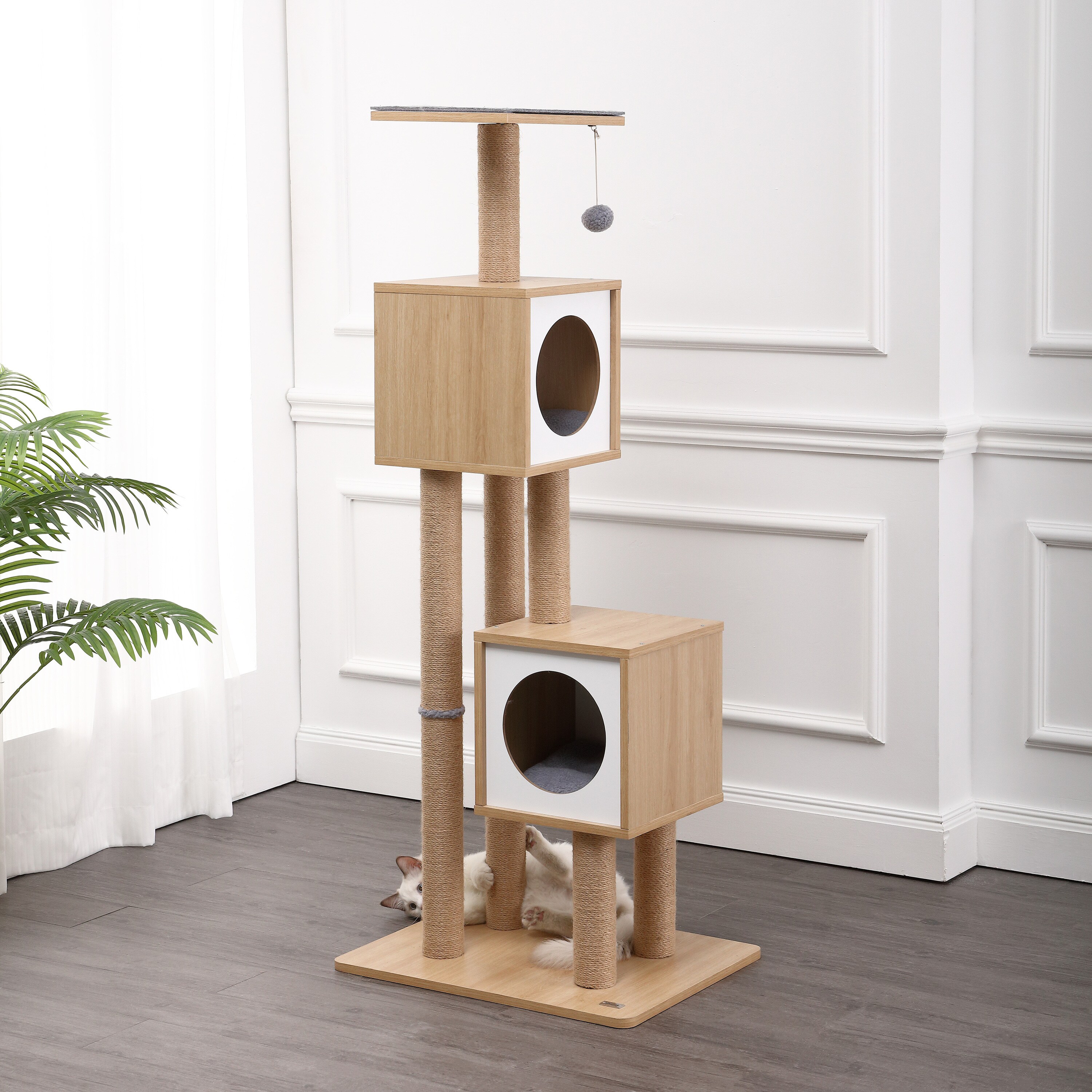 Sawyer 56" 3-Tier Natural Wood and Jute Cat Tree Condo