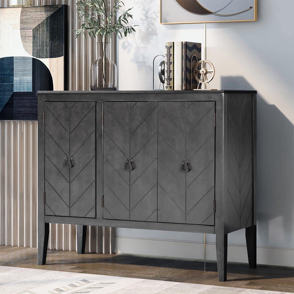 JUJABU DINCABINET-24 Grey Adjustable Shelf Storage Sideboard with 3 Retro Metal Handles and 4 Pinewood Legs for Entryway