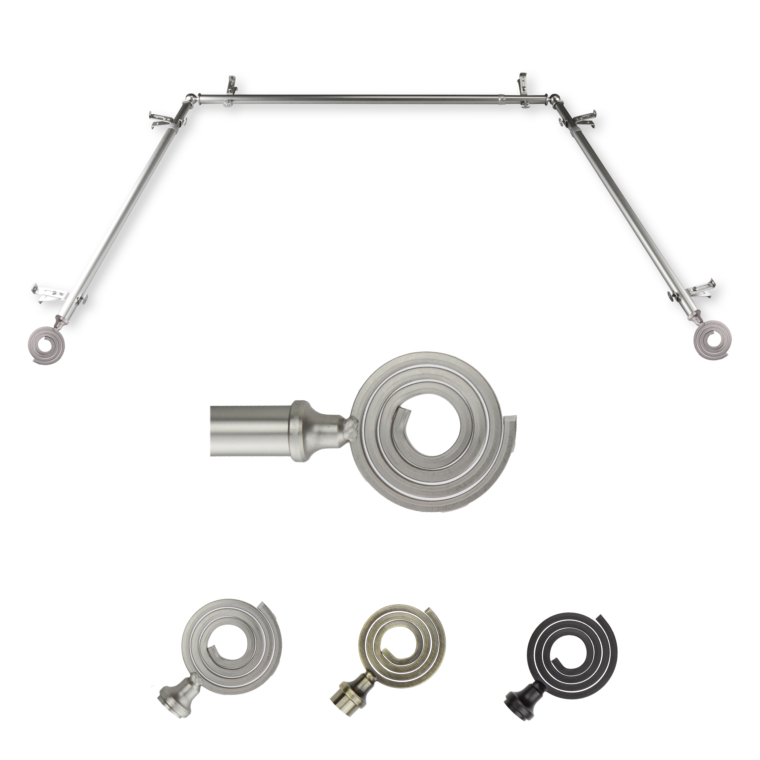 Hart & Harlow LO-ABAY-61-5 72-in to 144-in Satin Nickel Steel Bay window curtain rod with Finials