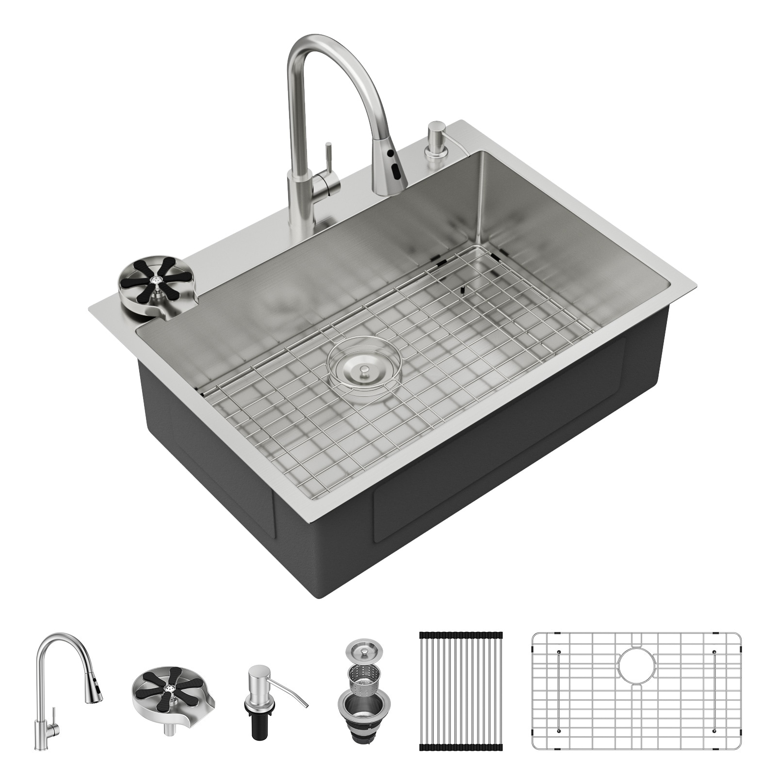 Lordear 16-Gauge Stainless Steel 30-in x 22-in Single Bowl Drop-in Kitchen Sink All-in-One Kit with Faucet and Soap Dispenser