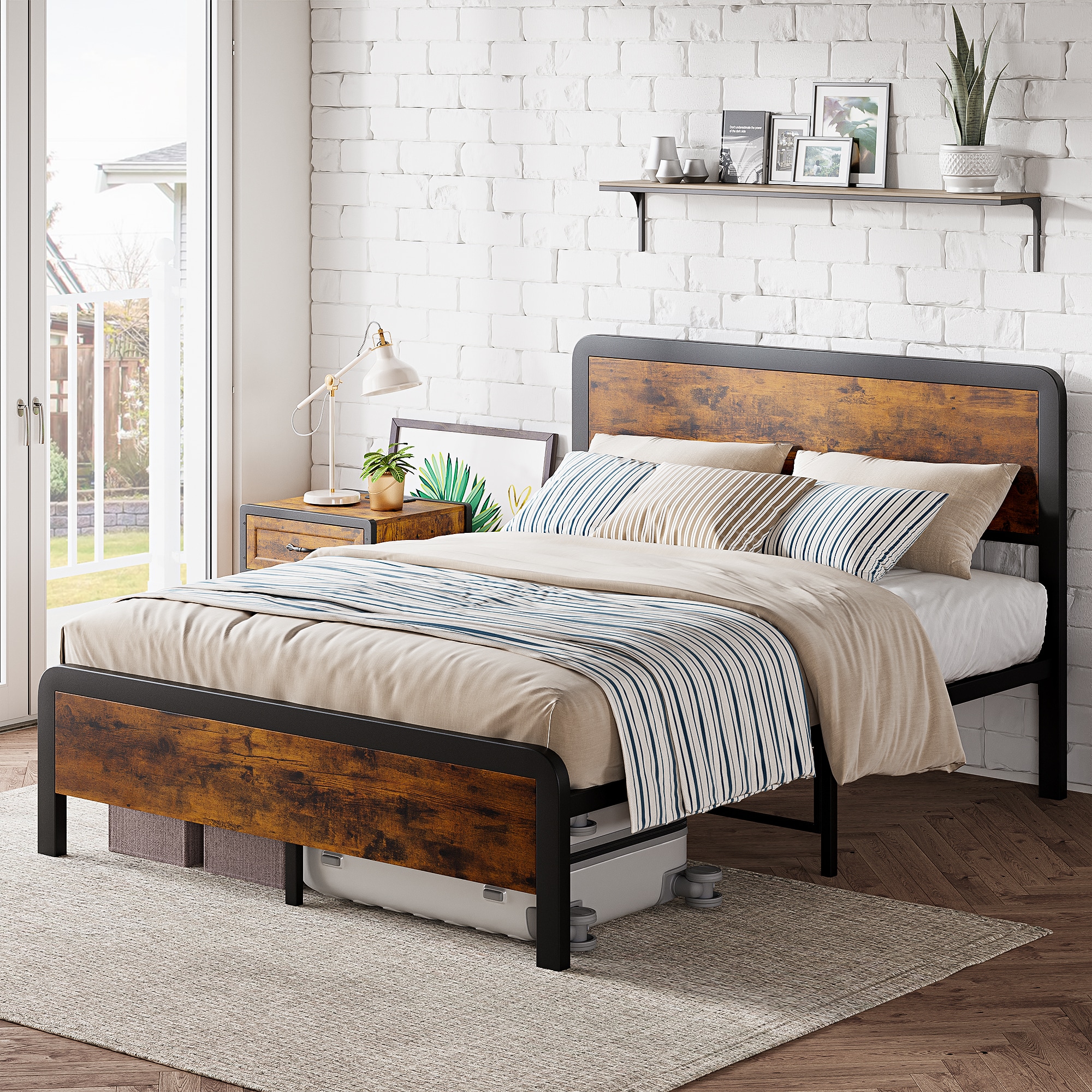 WhizMax Rustic Brown Queen Wood and Metal Platform Bed in the Beds ...