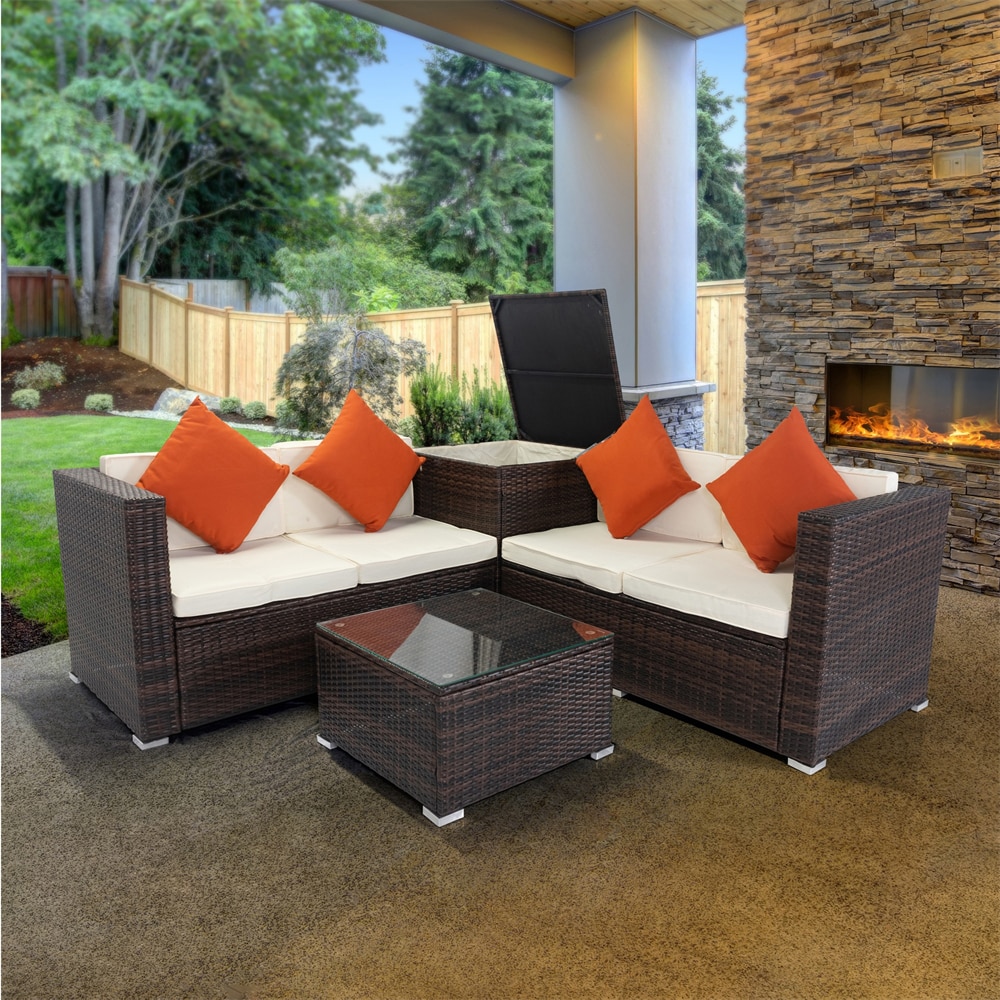 Afoxsos LWMX442 4-Piece Rattan Patio Conversation Set with Tan Cushions