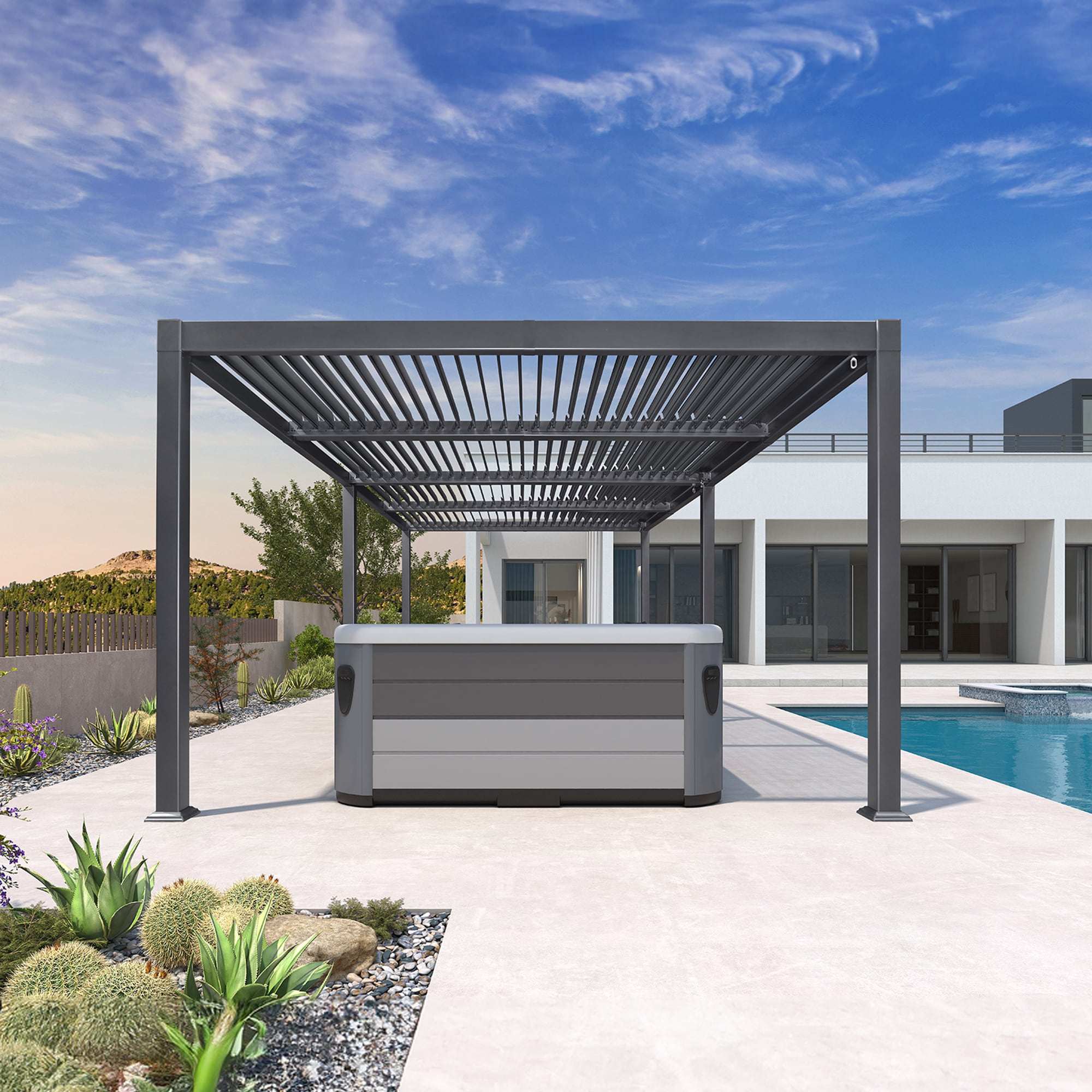 PURPLE LEAF LS05KSPRG1123-1 Classic Louvered Pergola 11-ft W x 23-ft L x 7-ft 8-in H Gray Metal Freestanding Pergola