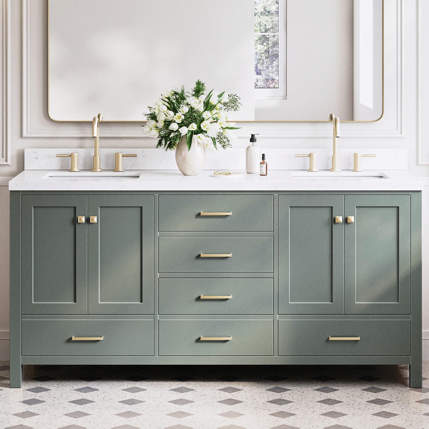 ARIEL Cambridge 72-in Vintage Green Undermount Double Sink Bathroom Vanity with Carrara White Quartz Quartz Top