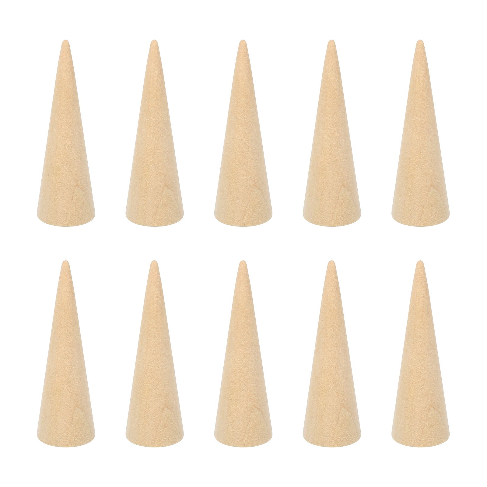 PATIKIL 80x25mm Natural Wood Cone Ring Holder 10pcs Finger Jewelry Display Stand Organizer Unpainted Wooden Cones for DIY Craft Wood Color
