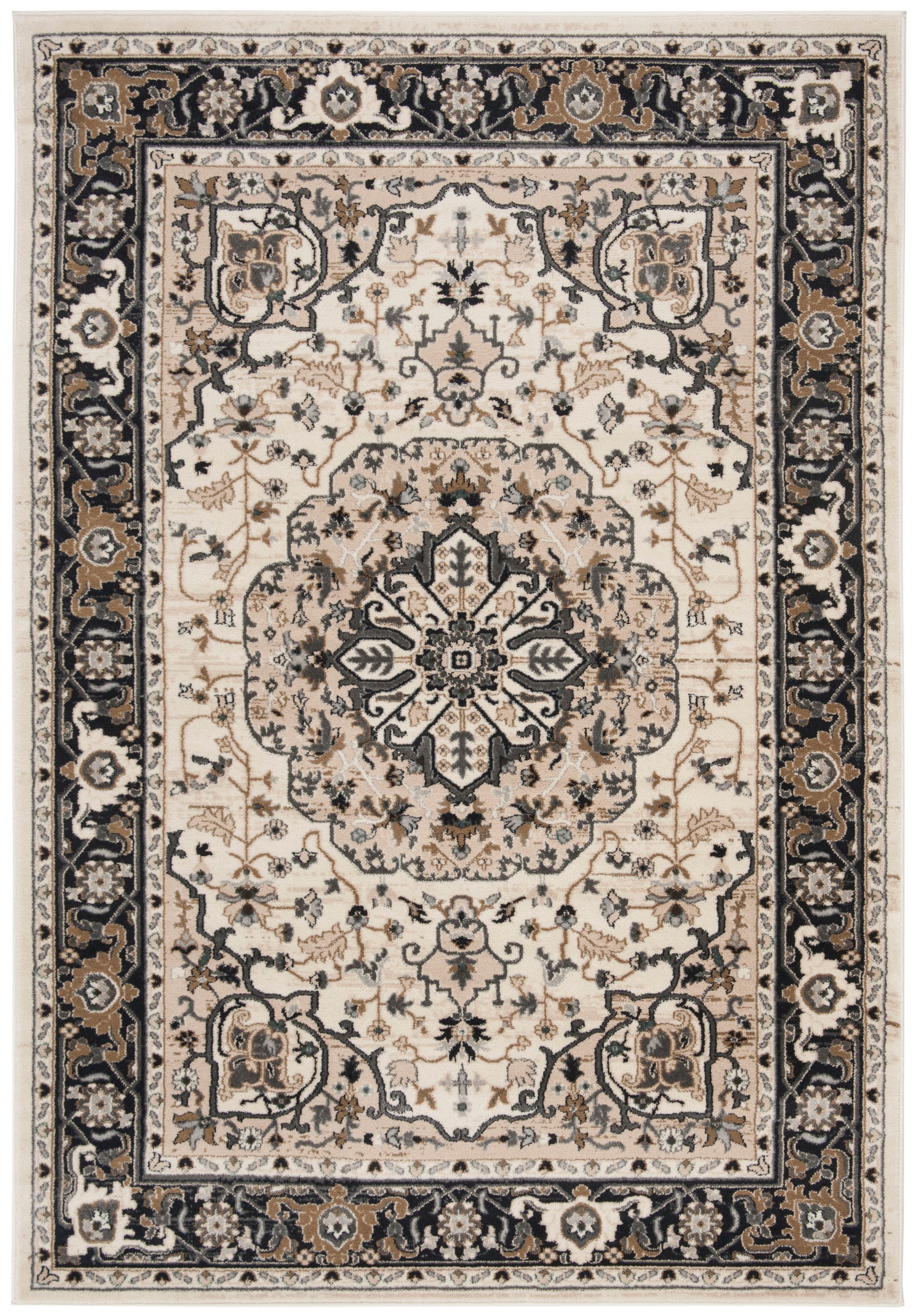 Cream and Navy Floral Rectangular Area Rug, 12' x 15'