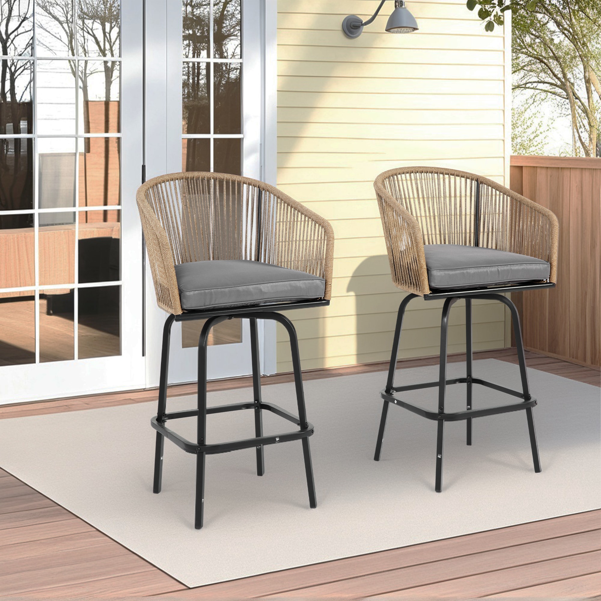 LOVMOR SF-R-P256794 2-Piece Wicker Patio Bar Chairs with Backrest for Backyard Garden Pool Balcony and Deck Gery