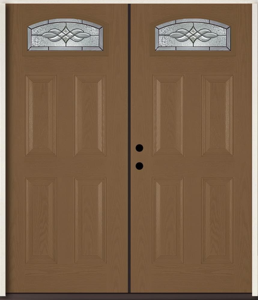 Hampton 72-in x 80-in Fiberglass 1/4 Lite Right-Hand Inswing Woodhaven Stained Prehung Double Front Door Insulating Core in Brown | - RELIABILT LO841727