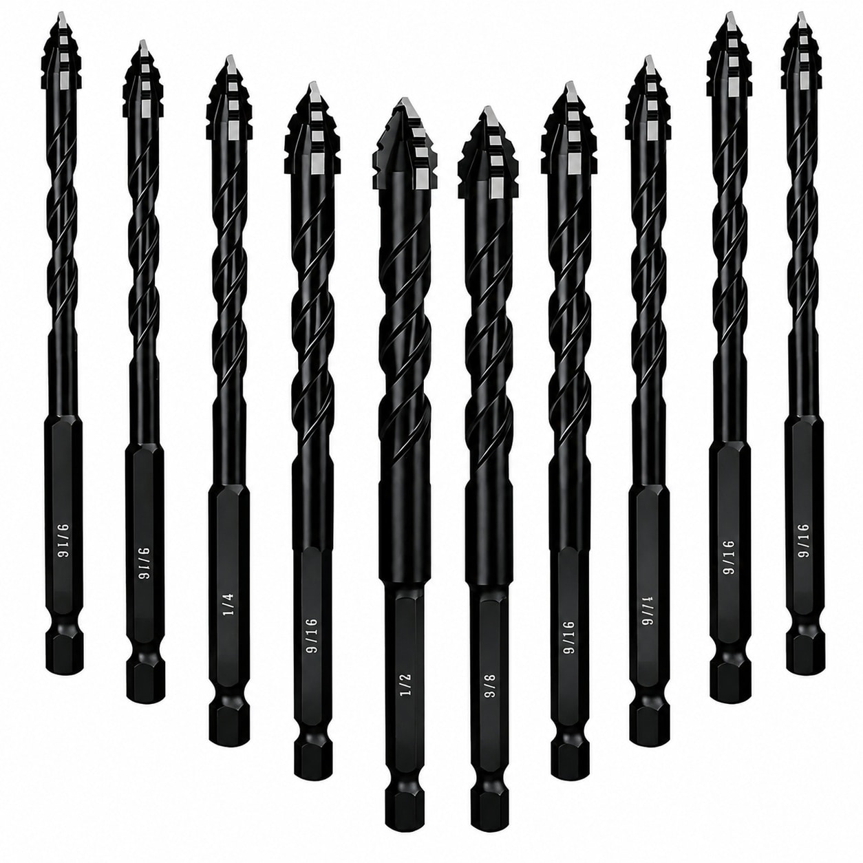 SenQWFa  10 Piece Black Upgraded 4 Flute Serrated Carbide Masonry Drill Bit Set for Concrete Tile Brick Marble Wood Sizes 3 Sixteenth Inch to 1