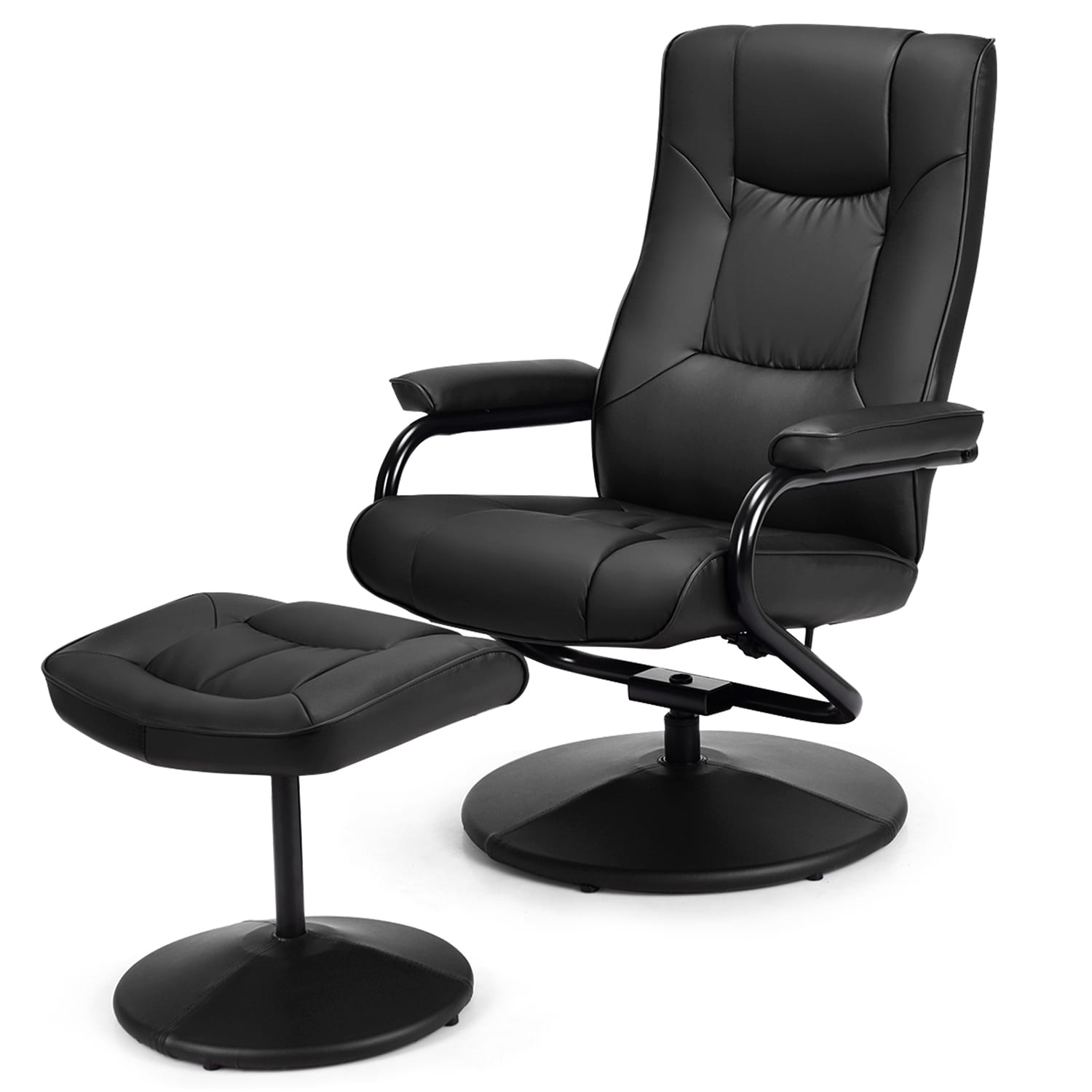 WELLFOR HW-HWY2-66536BK CY Chair Recliner with Ottoman Modern Black Faux Leather Swivel Accent Chair