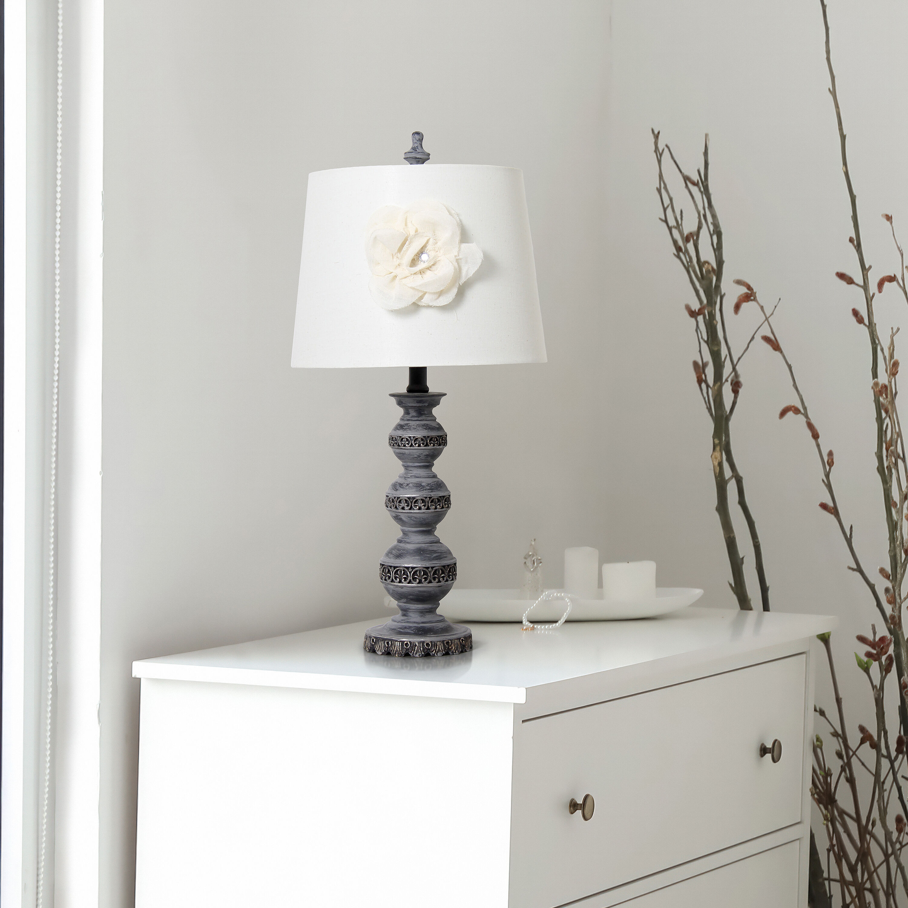 Elegant Designs LT3097-WHT 25-in Aged Bronze LED Rotary socket Table Lamp with Linen Shade