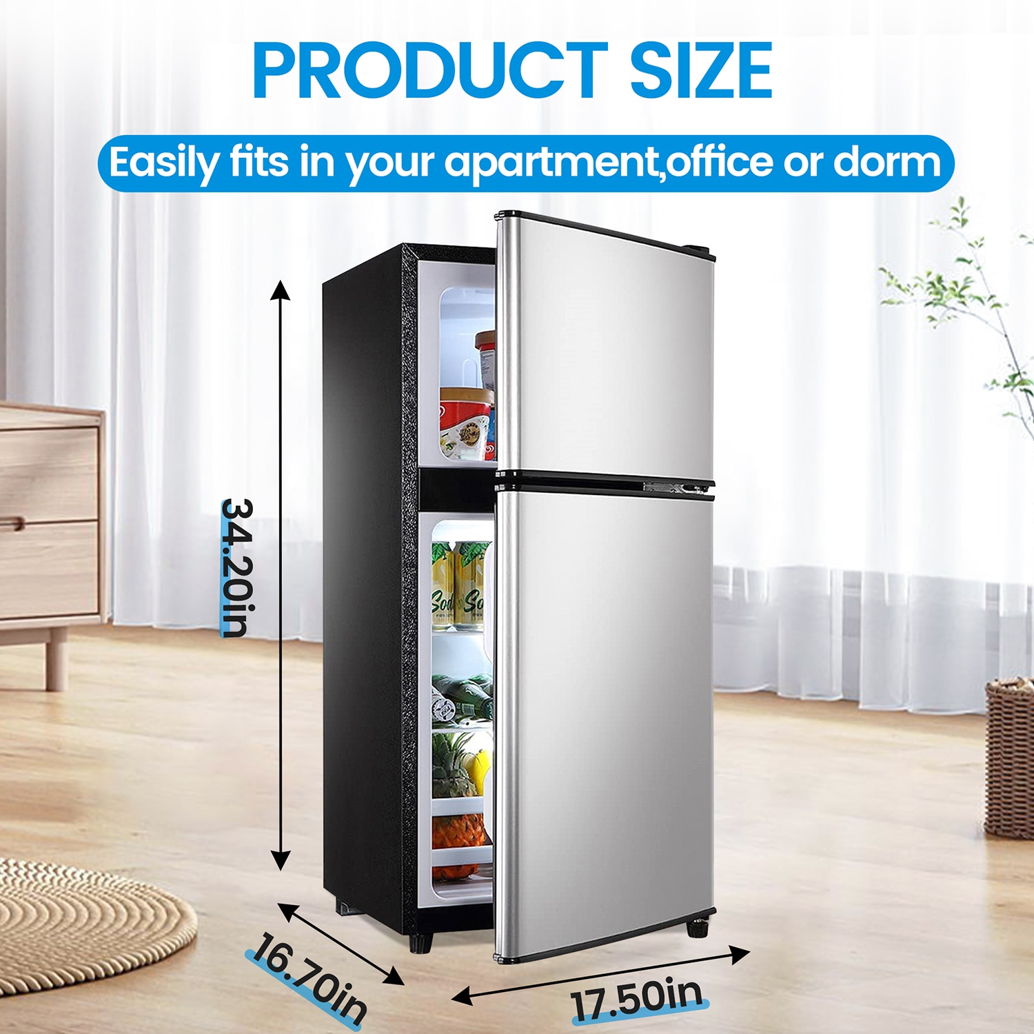 Compact Fridge 3.2 CU.FT. Mini Refrigerator, Small Dorm Fridge with Freezer  for Bedroom, Living Room, Bar, Dorm, Kitchen, Office or RV, Silver