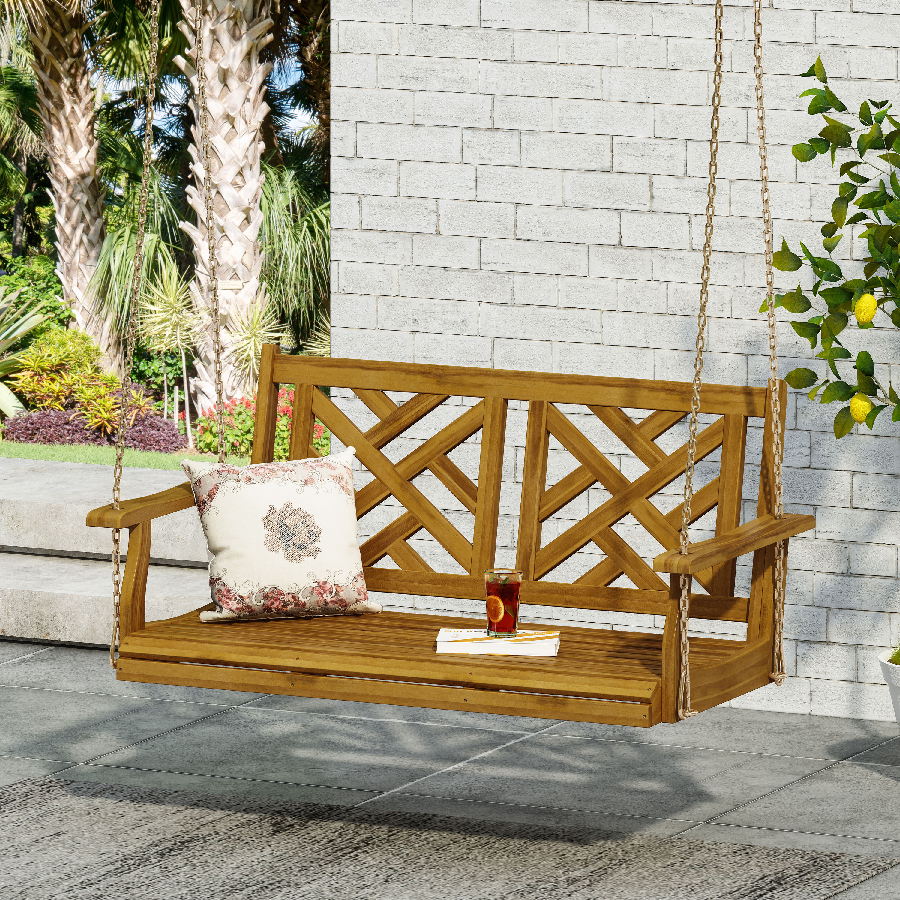 LOVMOR SF-WO-72141.00 Exotic Acacia Wood Porch Swing with Slat Panel Seating in Teak