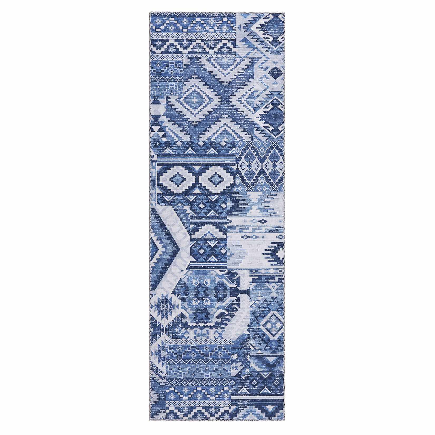 Qeetex LSN-PHO-0ZW15Y96 2 x 6 ft Polyester Chenille Blue Rectangular Hallway Bathroom Entryway Kitchen Office Foldable Geometric Printed Bohemia Washable Area Rug