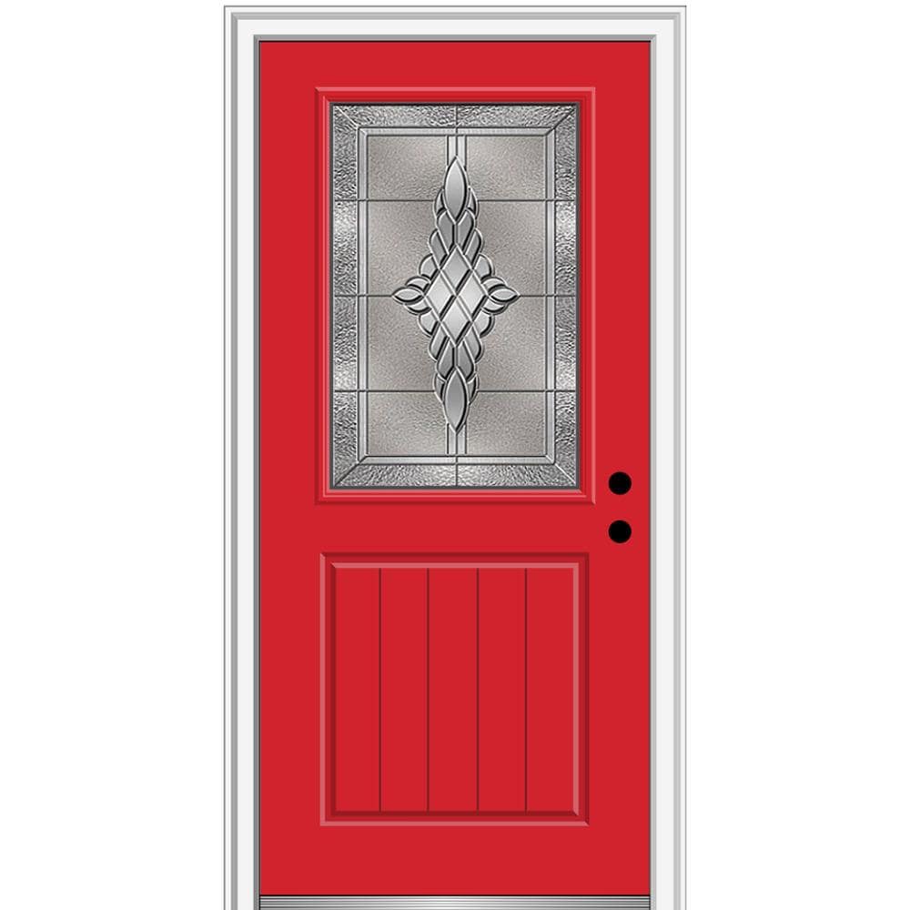 MMI DOOR ZZ3667501L 32-in x 80-in x 6-9/16-in Fiberglass Half lite Left-hand inswing Red Saffron Painted Prehung Front Door with Brickmould Insulating core