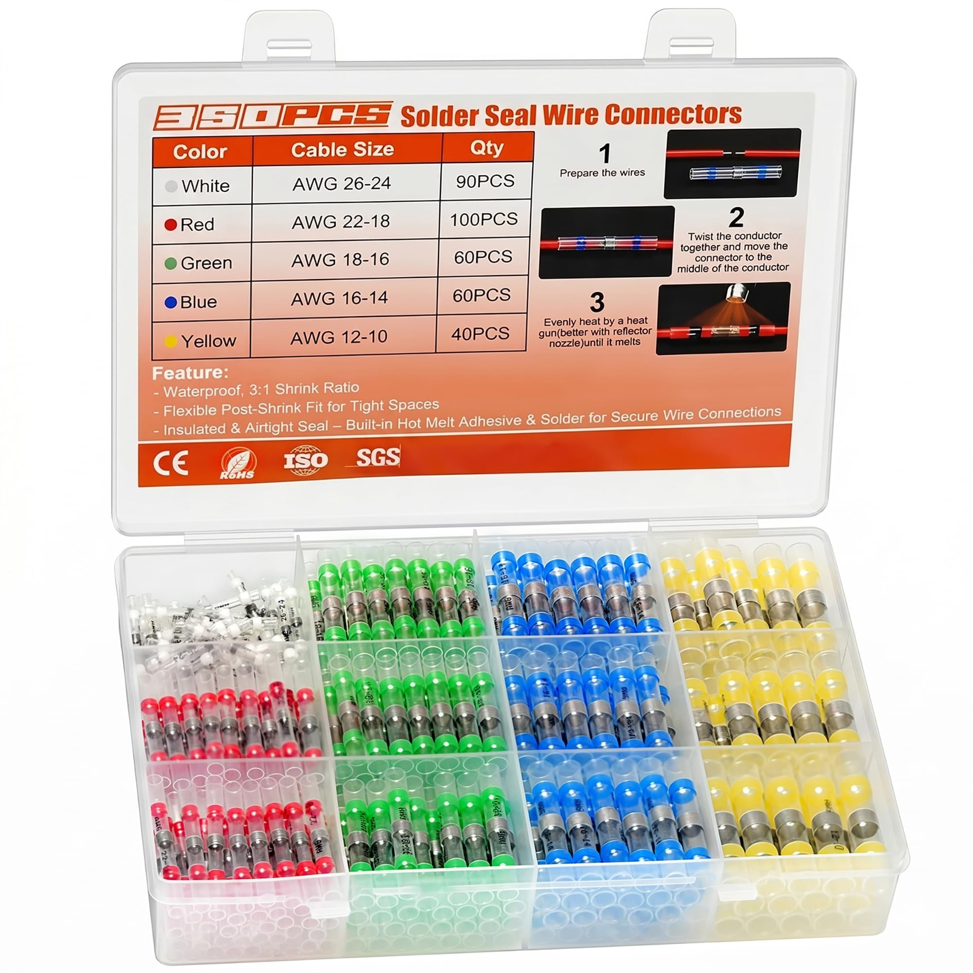 Etokfoks - 350 Pack Lead Free Heat Shrink Waterproof Electrical Wire Connectors Kit with Insulat...