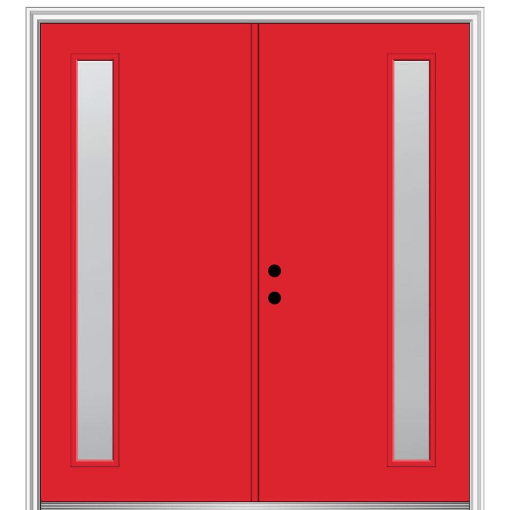 MMI DOOR ZZ349968R Spotlights 64-in x 80-in x 6-9/16-in Fiberglass Pulse lite Right-hand inswing Red Saffron Painted Prehung Double Front Door with Brickmould Insulating core