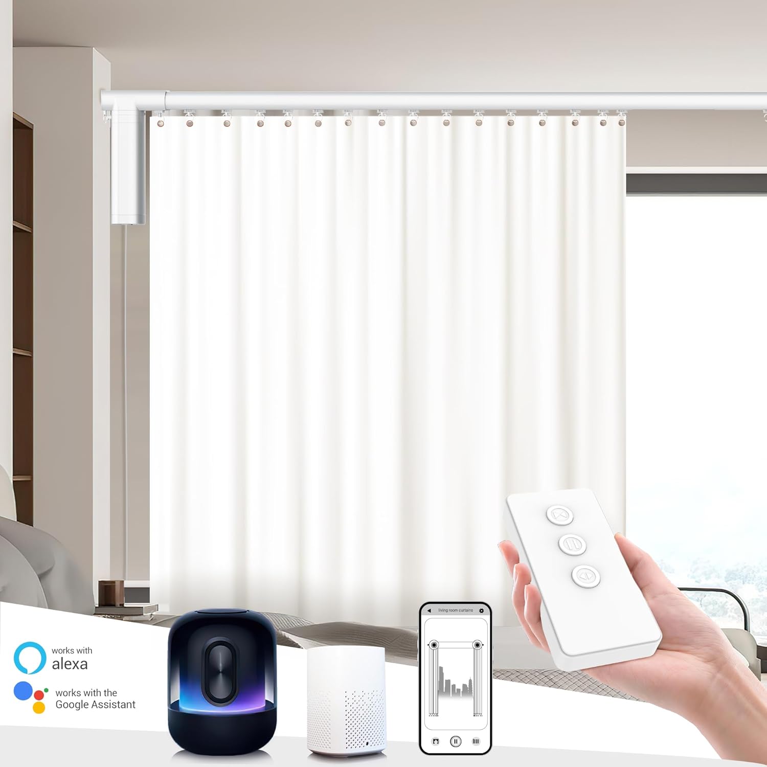 Silvel KF370069-01-TX Smart Curtains System 5.90FT-9.84FT Adjustable Electric Curtain Track Compatible with Alexa Google Assistant Remote APP Control