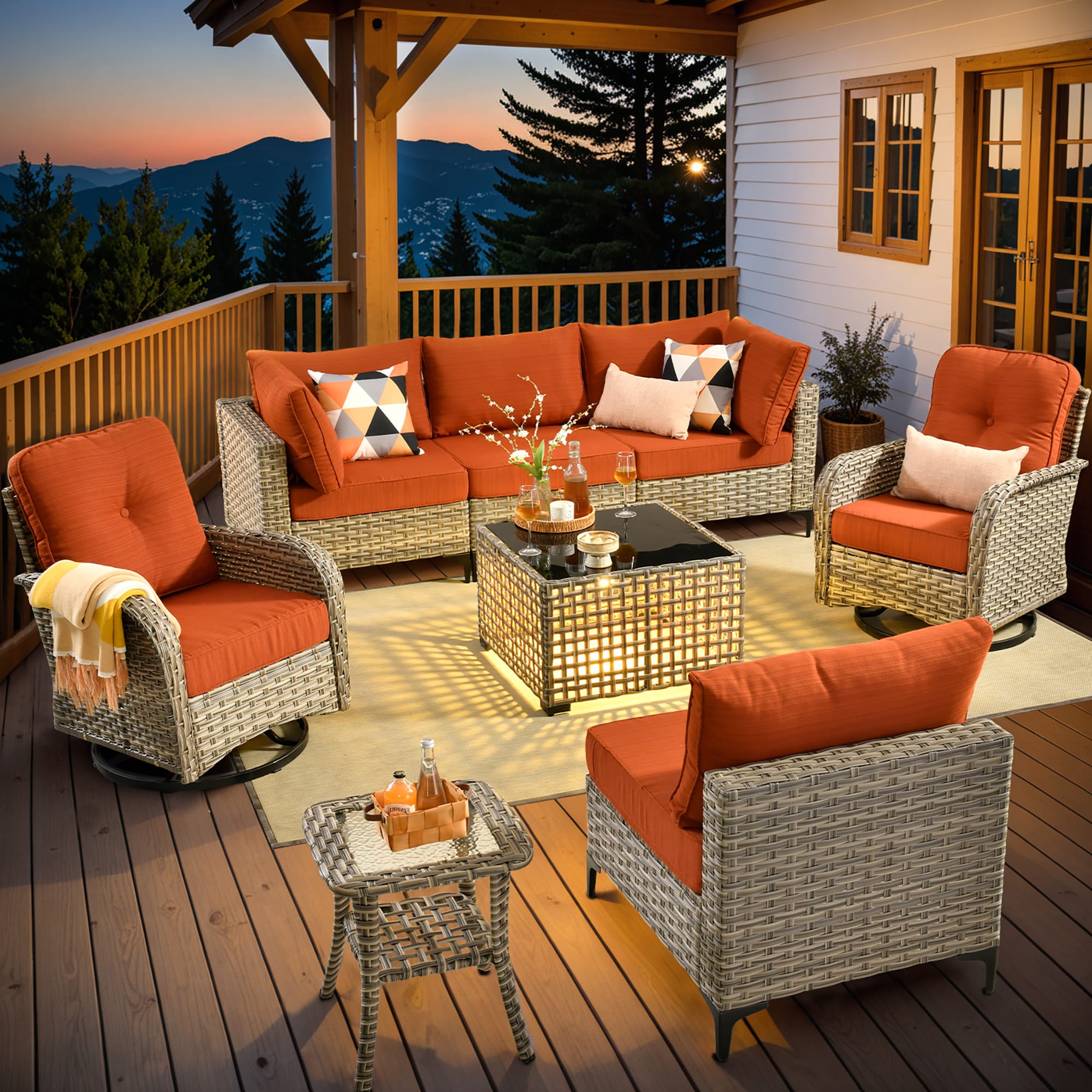 Caodoc L5-VYZSKT808-1 VYZSKT Wicker Outdoor Sofa with Orange Cushions and Wicker Frame