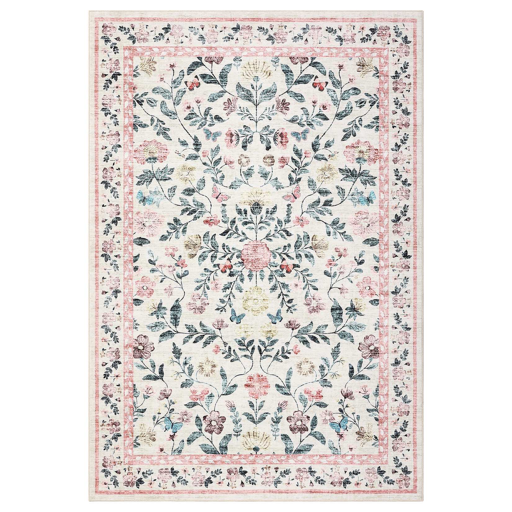 Qeetex LSN-PHK-33T3D50J 4 x 6 ft Polyester Cashmere Imitation Pink Rectangular Hallway Bathroom Entryway Kitchen Office Foldable Flower Printed Modern Washable Area Rug