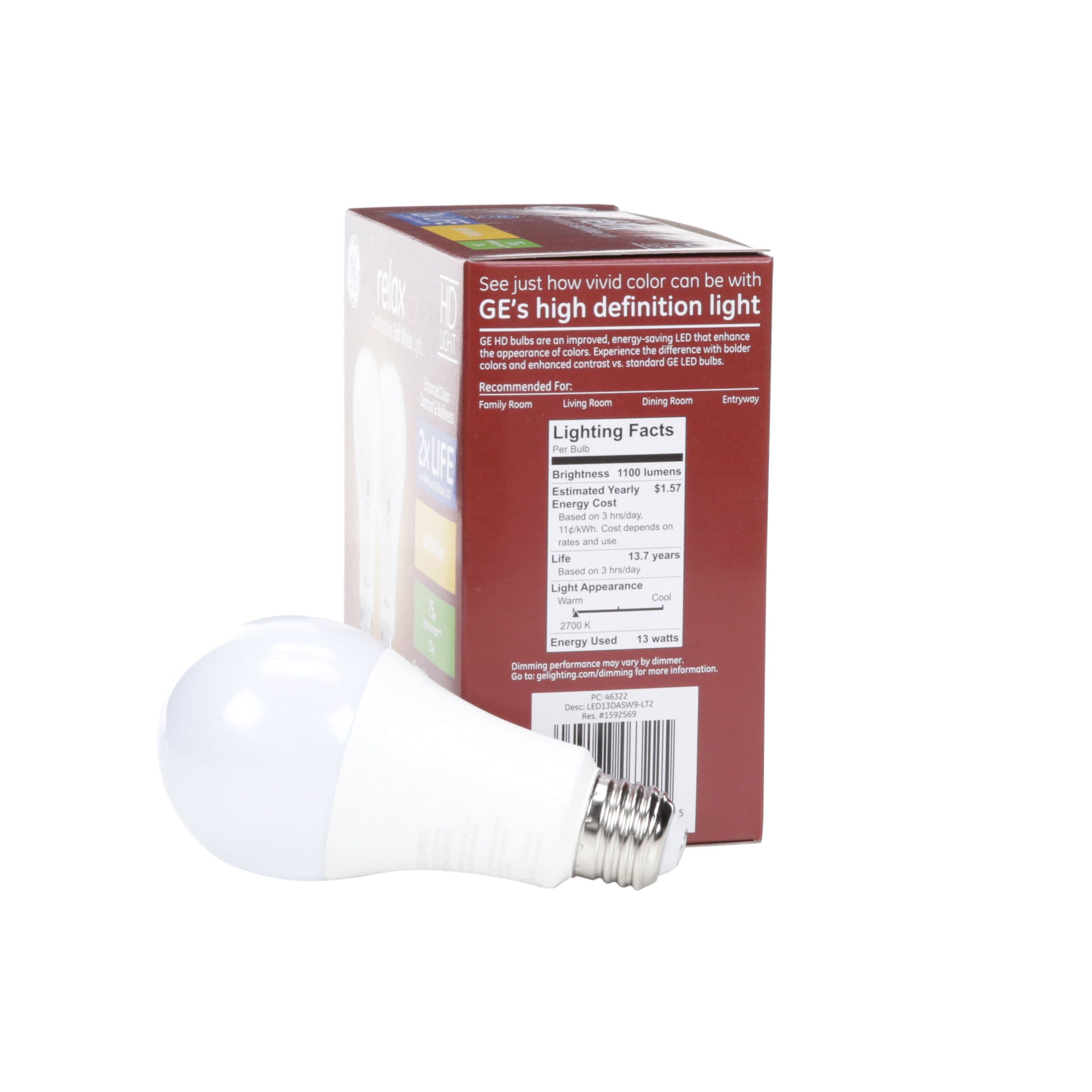 GE Relax 2-Pack 75 W Equivalent Dimmable Warm White A21 LED Light Fixture Light Bulbs 46322 GE Relax 2-Pack 75 W Equivalent Dimmable Warm White A21 LED Light Fixture Light Bulbs 46322