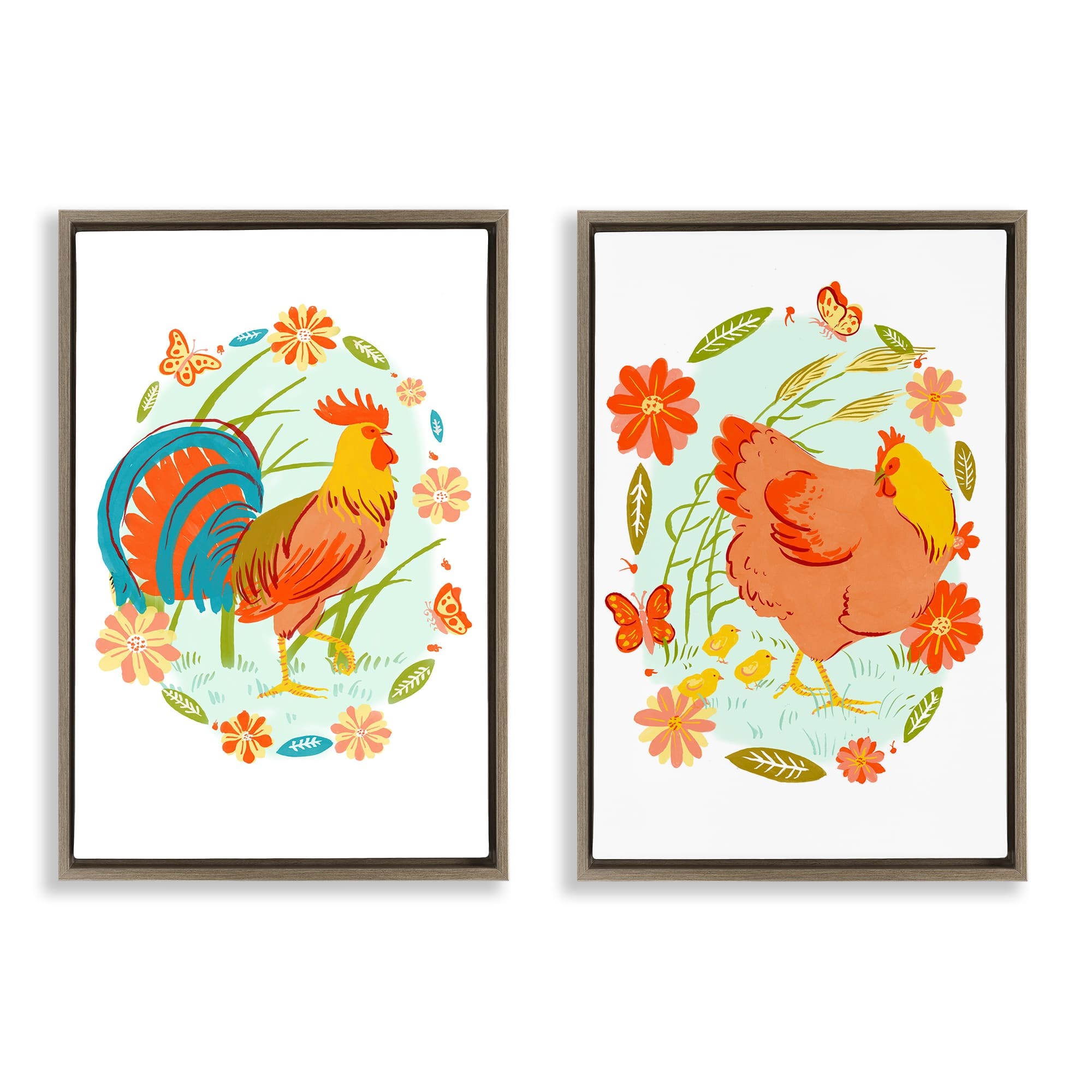 Stupell Industries B2-891-FFE-2PC-16X24 Rooster and Hen with Florals 2pc Floating Frame Set design by Hannah Moren