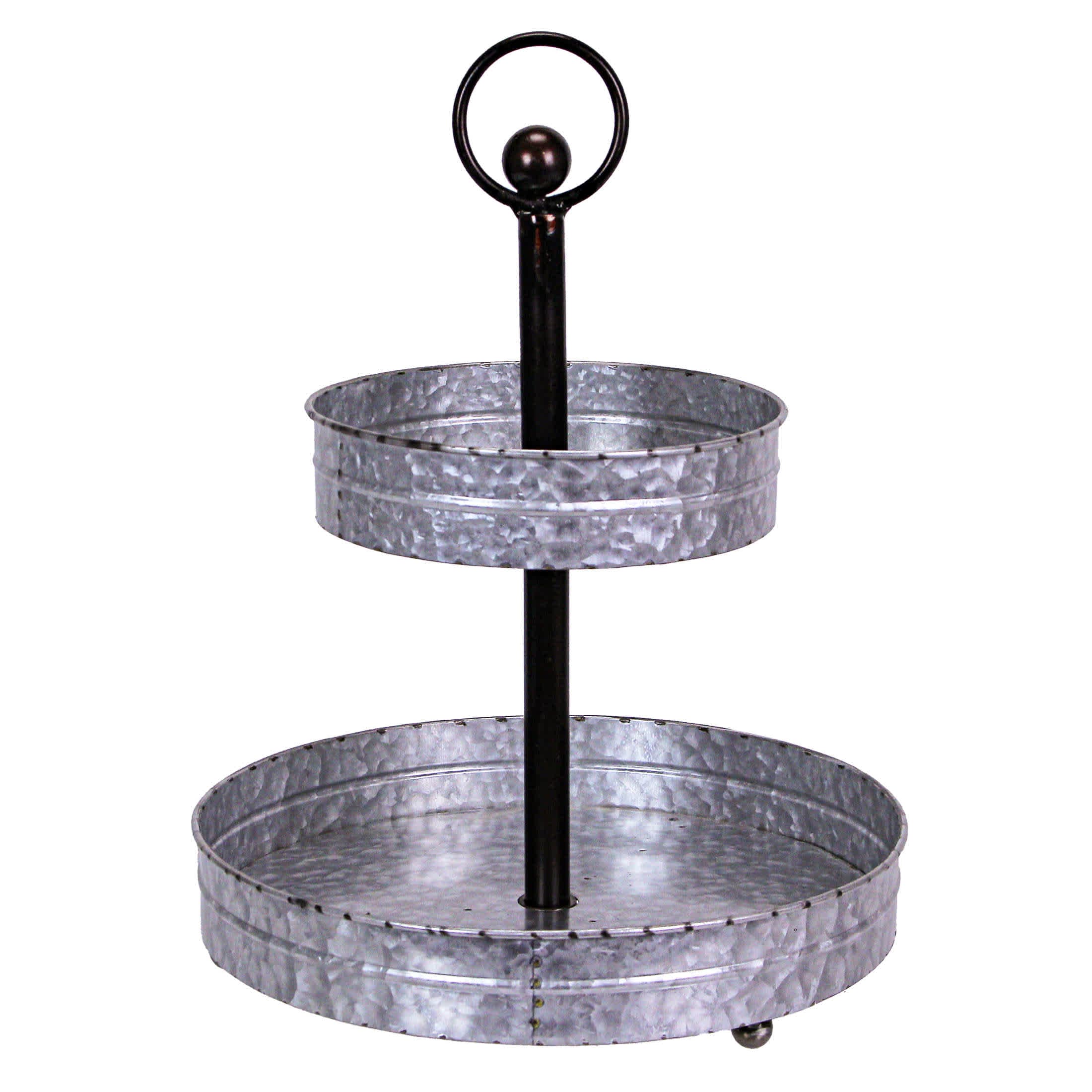 Zeckos STI-E18061 Rustic Round 2 Tier Galvanized Metal 16 inch tall Serving Tray