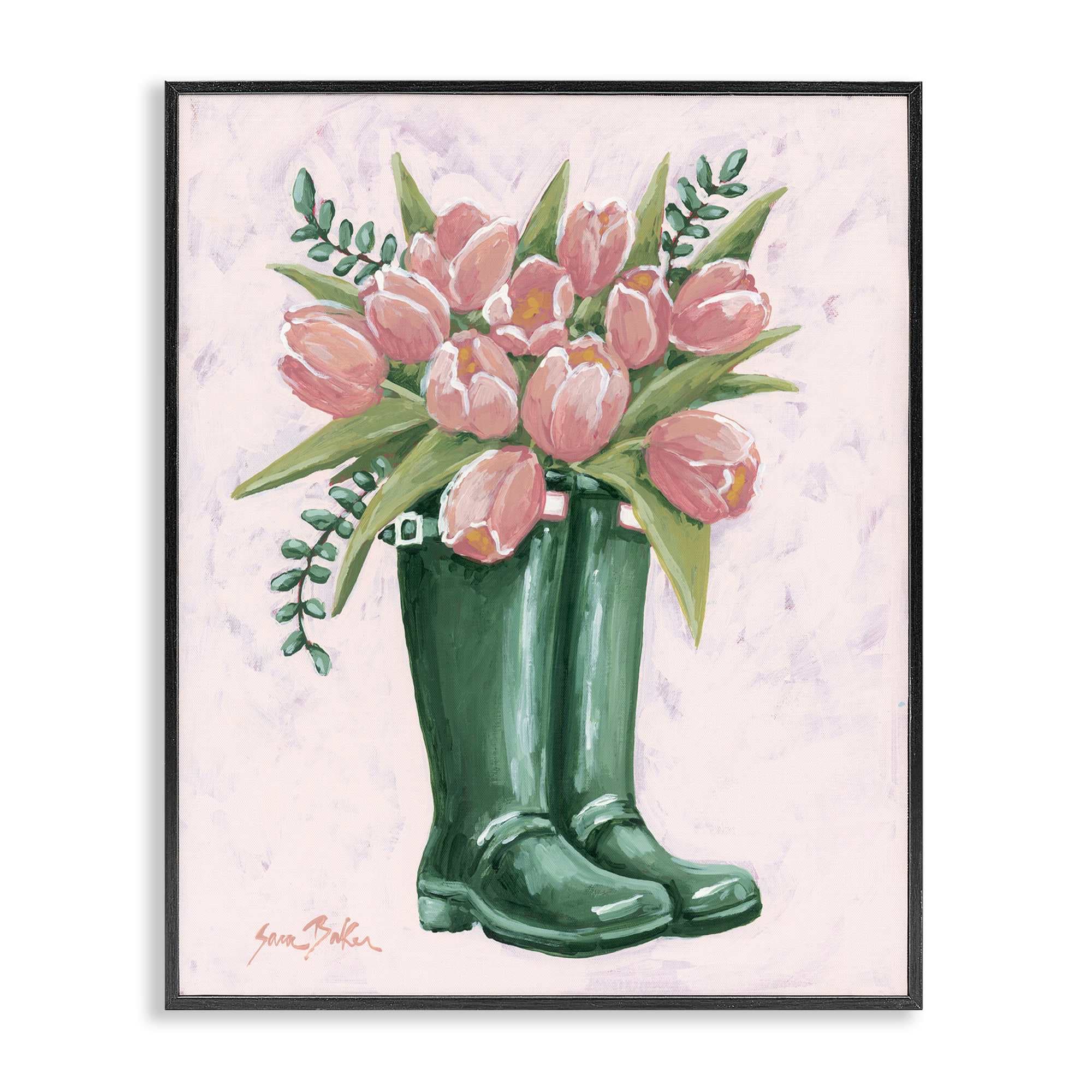 Stupell Industries BS-672-FR-16X20 Pink Tulips in Boots Black Framed Giclee Art By Sara Baker 16 x 20