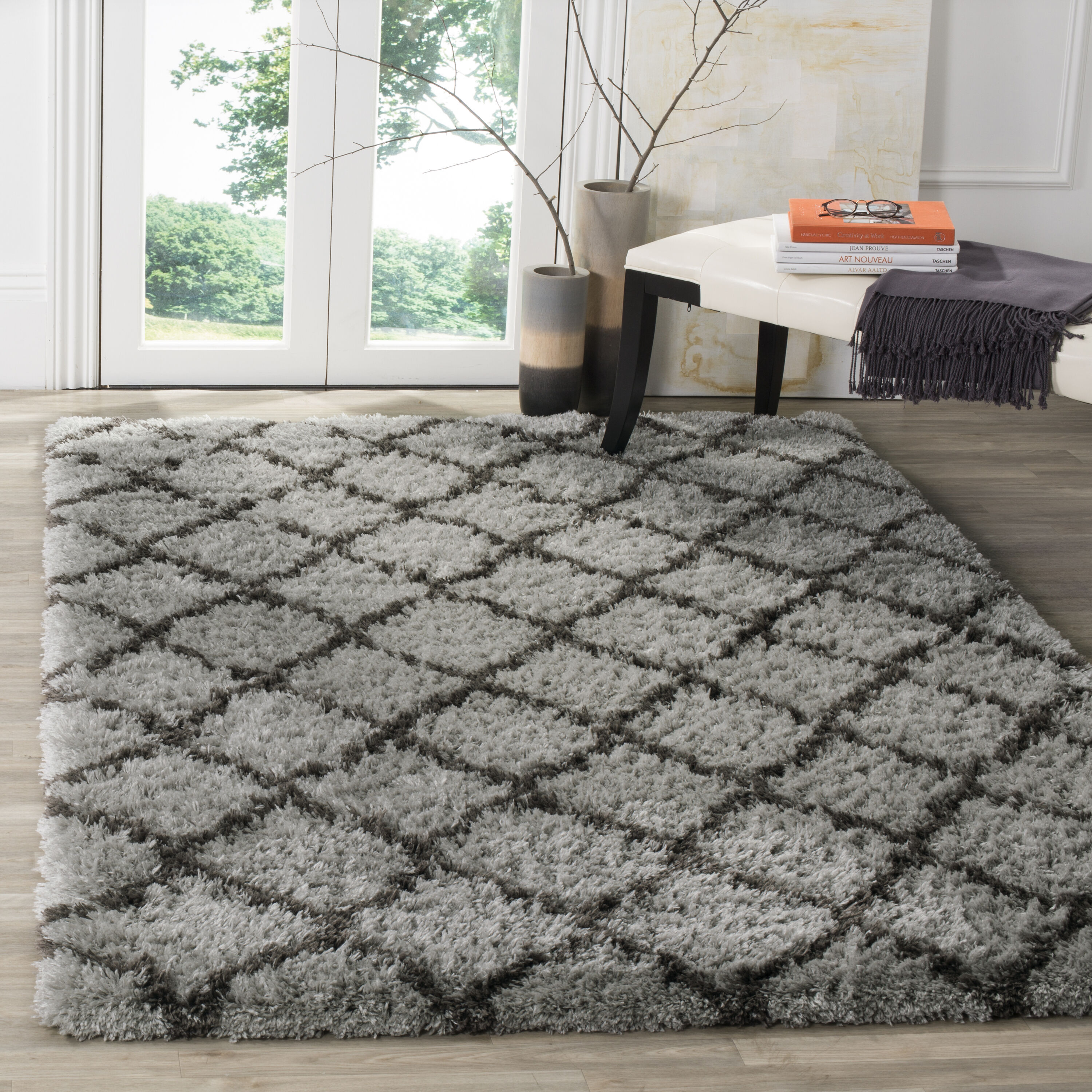 Safavieh SGI322S-4 Indie Borasic Shag 4 x 6 (ft) Loomed Synthetic Gray/Dark Gray Rectangular Indoor Trellis Area rug