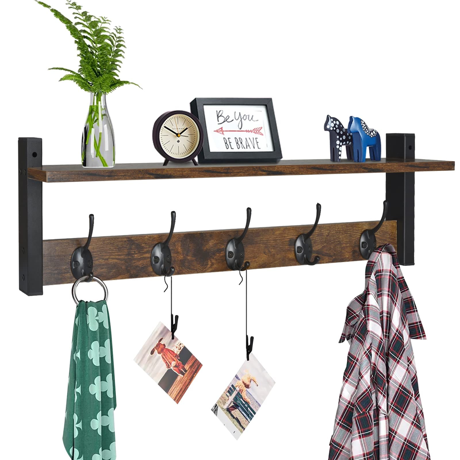 Linder Group Inc Wall mount coat rack with 24 inch wood shelf and five double hooks for entryway hallway bathroom rustic brown black sturdy metal frame easy