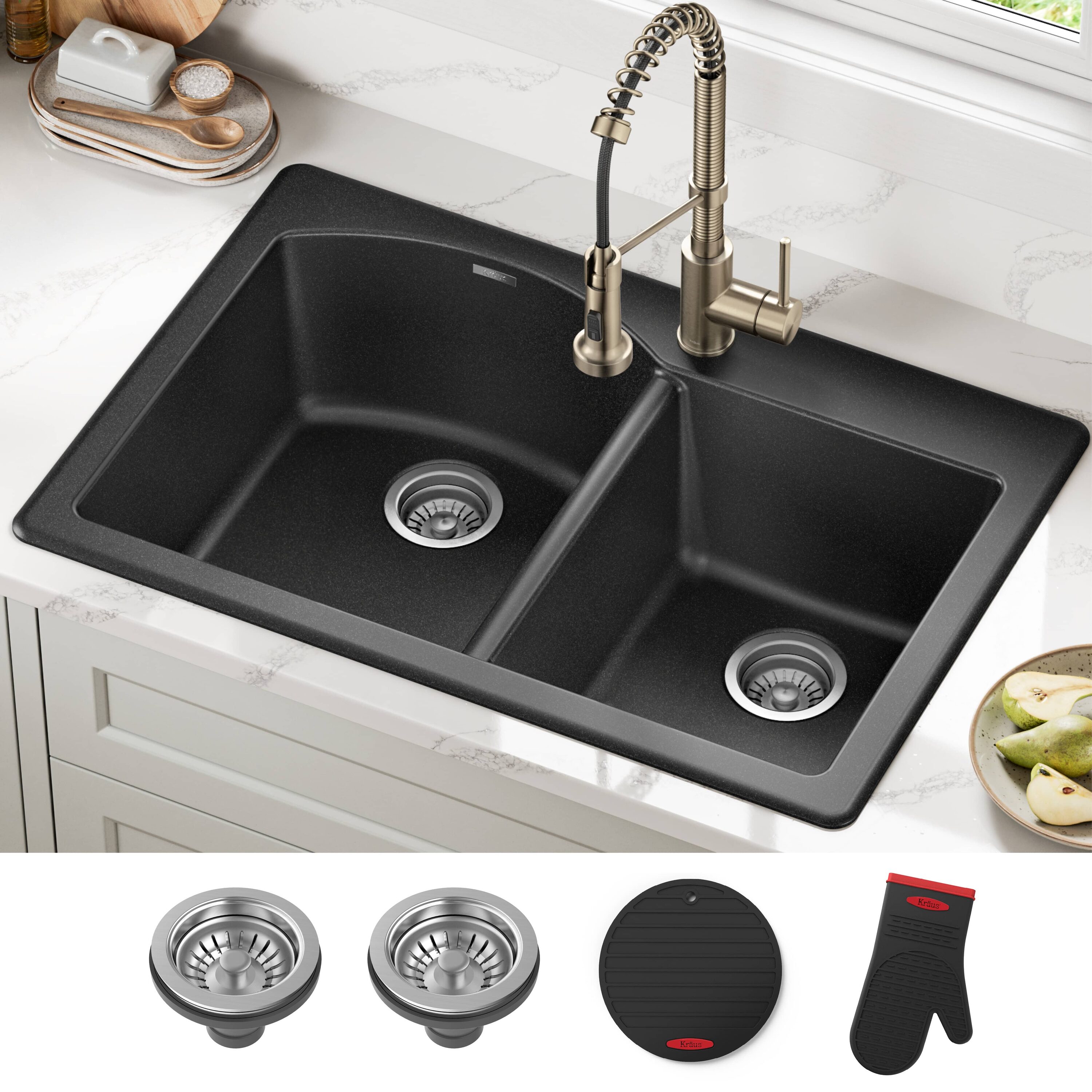 Kraus KGD-50BLACK Forteza Drop-in or undermount 33-in x 22.0-in Granite Double offset bowl 1-Hole Kitchen Sink
