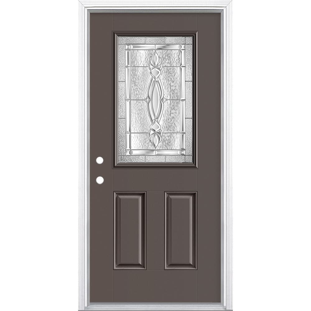 Masonite 3422028 Panama 36-in x 80-in x 4-9/16-in Fiberglass Half lite Right-hand inswing Timber Gray Painted Prehung Front Door with Brickmould Insulating core