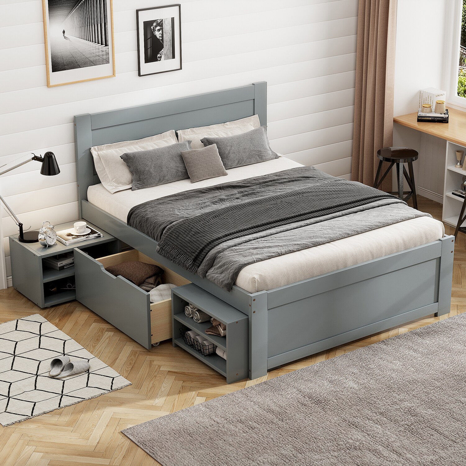 GZMR GM-N702E Twin Size Platform Bed With Drawer And Two Shelves Antique Gray Twin Composite Bed frame Bed with Storage