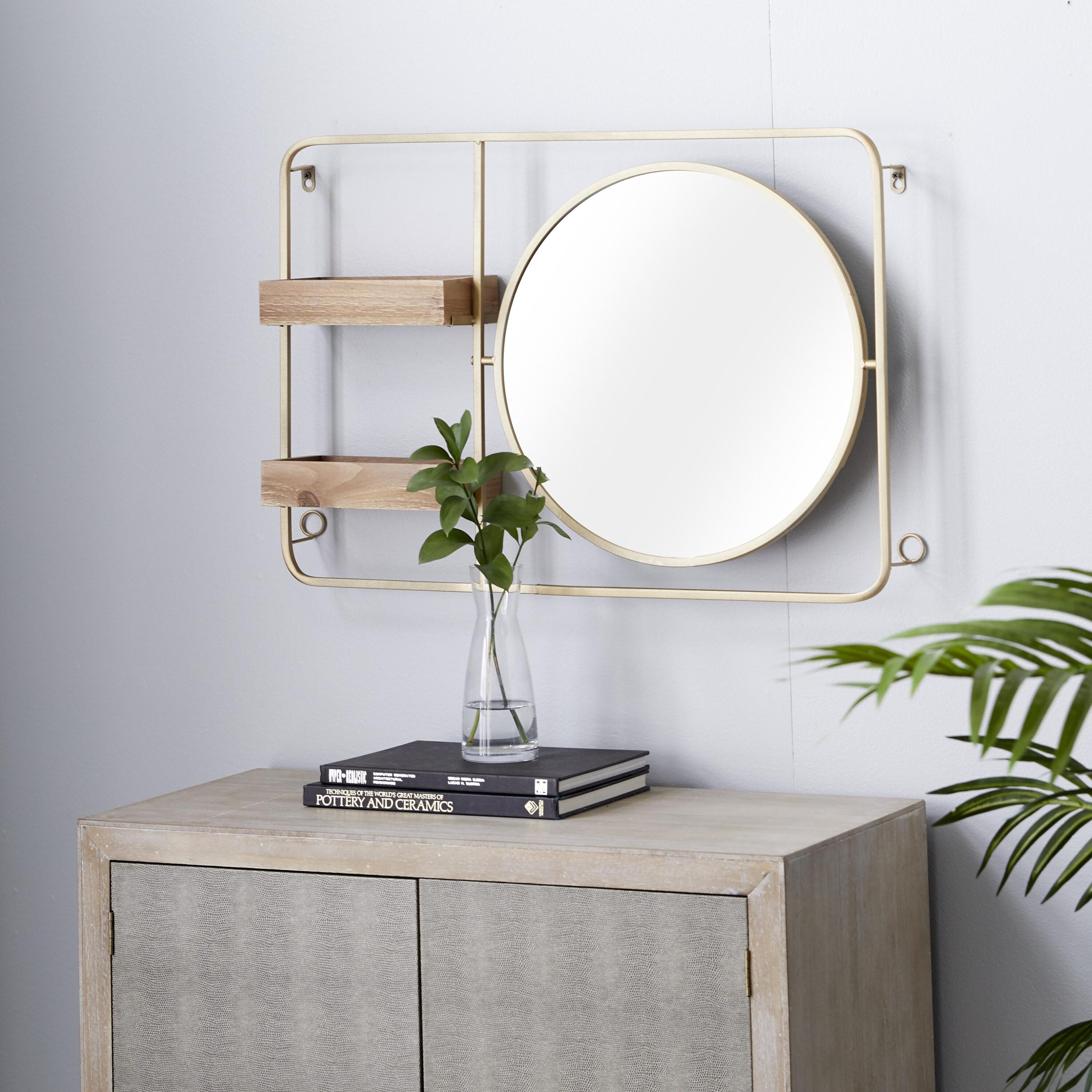 Grayson Lane 43317 28.5-Inches L x 5.5-Inches D x 19.7-Inches H Gold Glam 2 Shelves with Round Mirror Metal Square Tiered shelf 2 Decorative Shelves