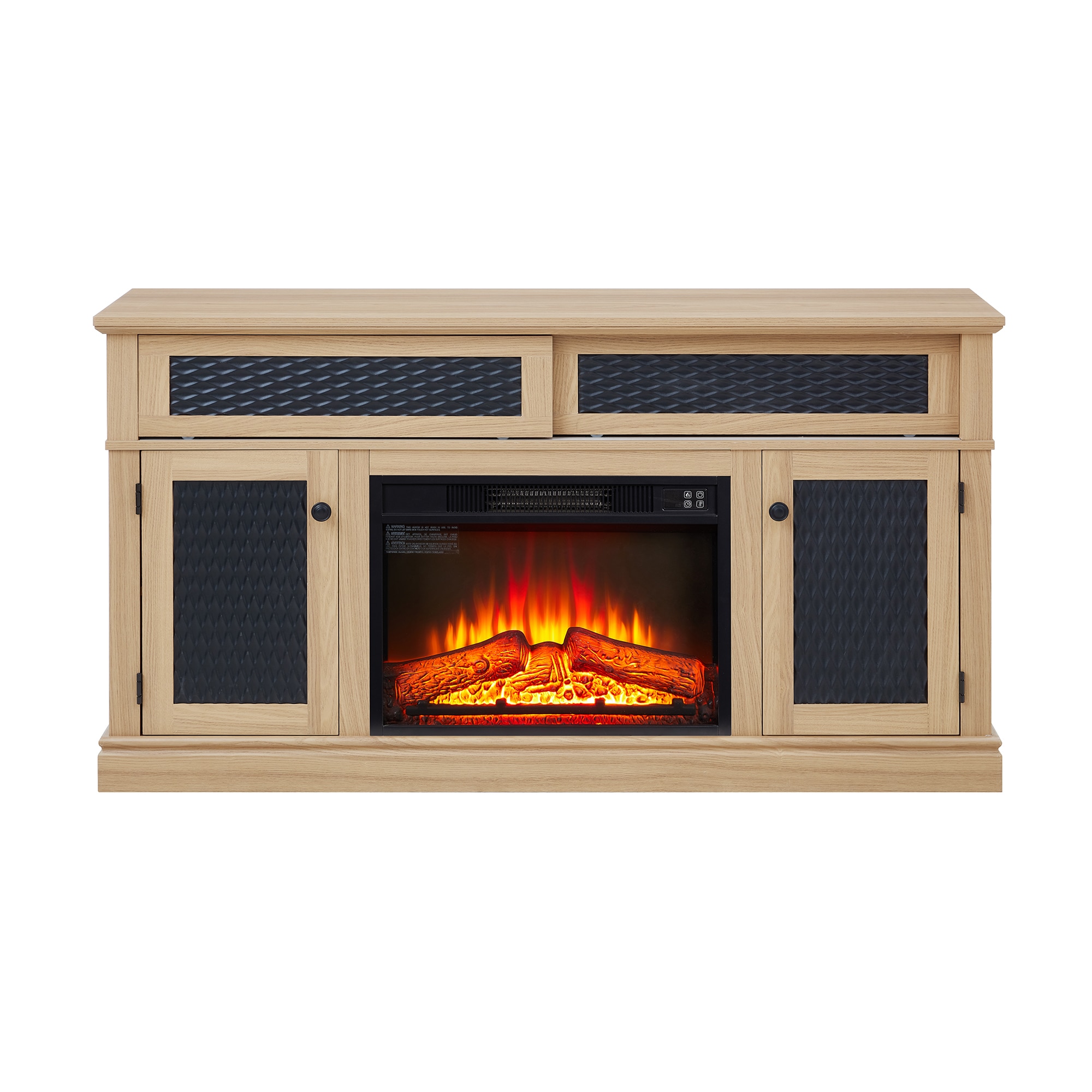 Bybafun YC1600081 58.3-in W Light Oak TV Stand with Fan-forced Flat wall Electric Fireplace with Remote Control Included