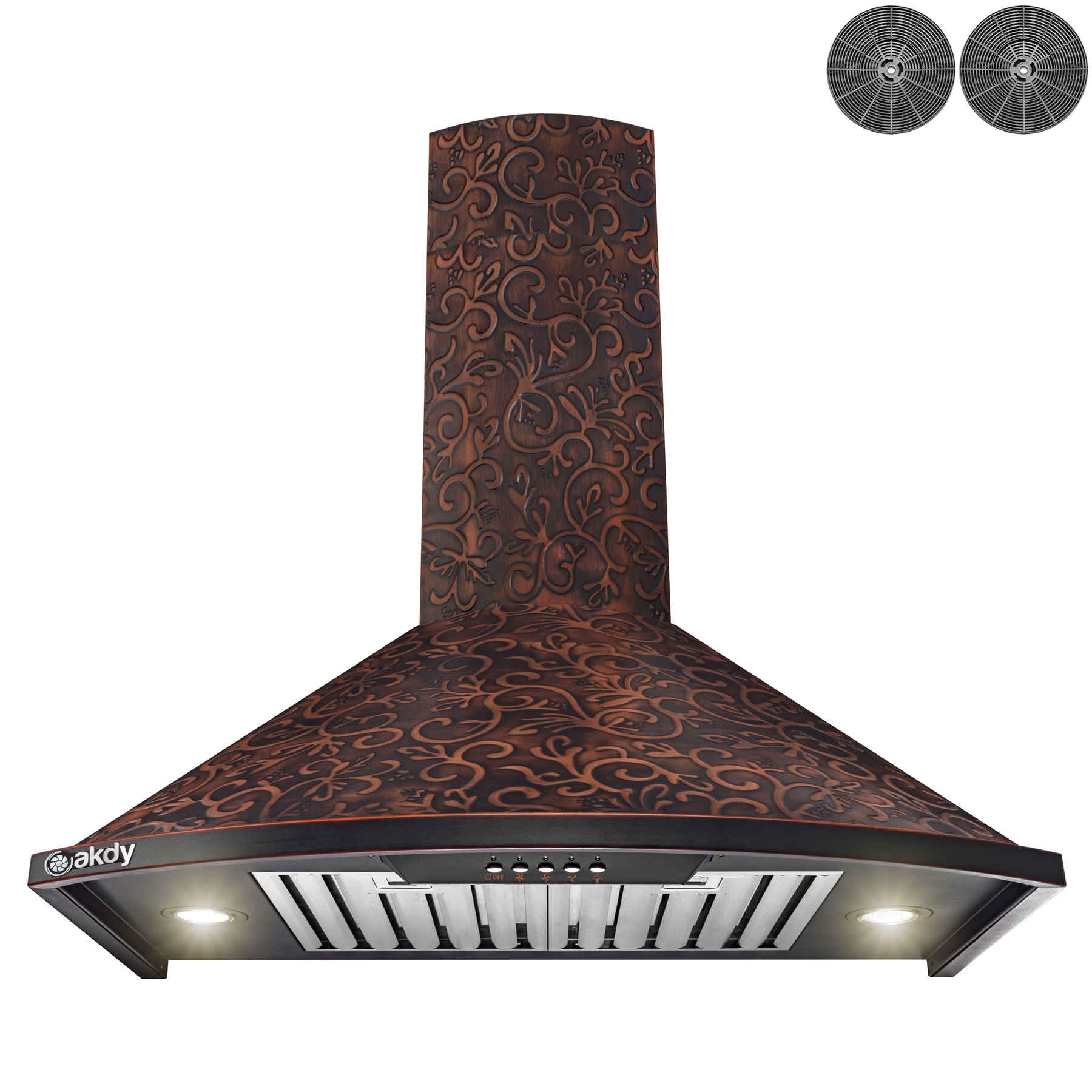 AKDY RH0400CFL 30 inch Convertible 343-CFM Vine Embossed Copper Wall-Mounted Range Hood with Charcoal Filter