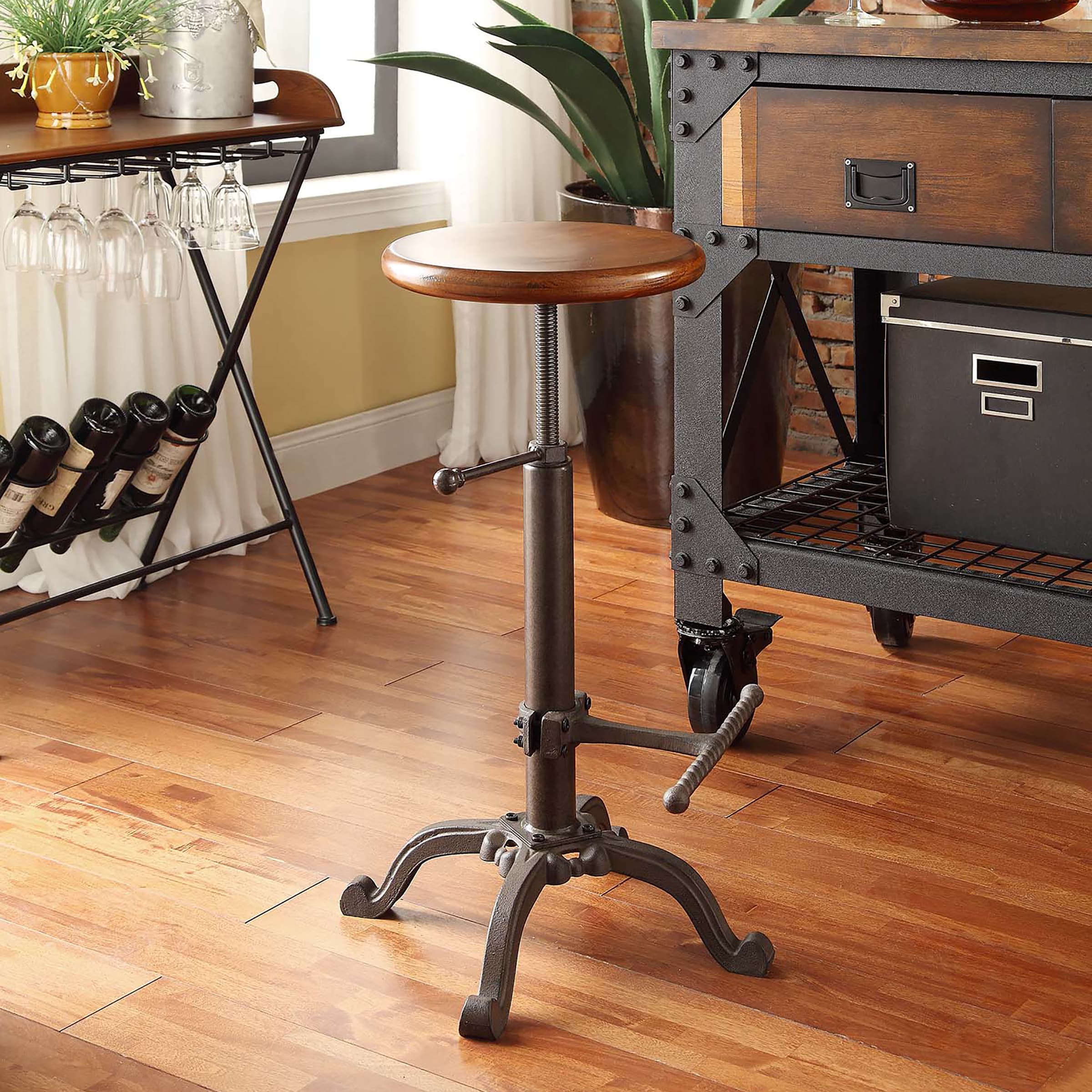 Waylon Adjustable Brown Mango Wood and Metal Swivel Stool