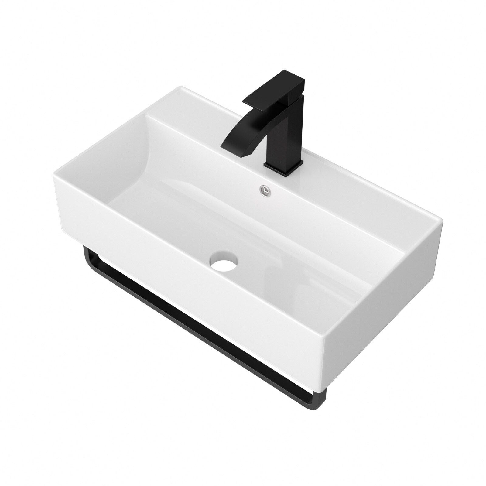 LIVACA 21 inch x 12 inch White and Black Ceramic Wall-Mounted Rectangular Bathroom Sink with Black Towel Bar and Overflow