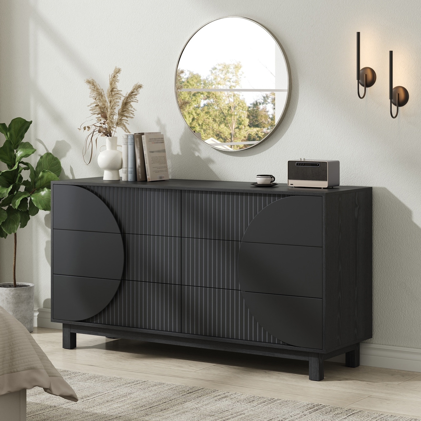 Horizons Prime 60 inch Carbon Black Engineered Wood 6 Drawer Dresser with Solid Wood Legs and Fluted Front Panels