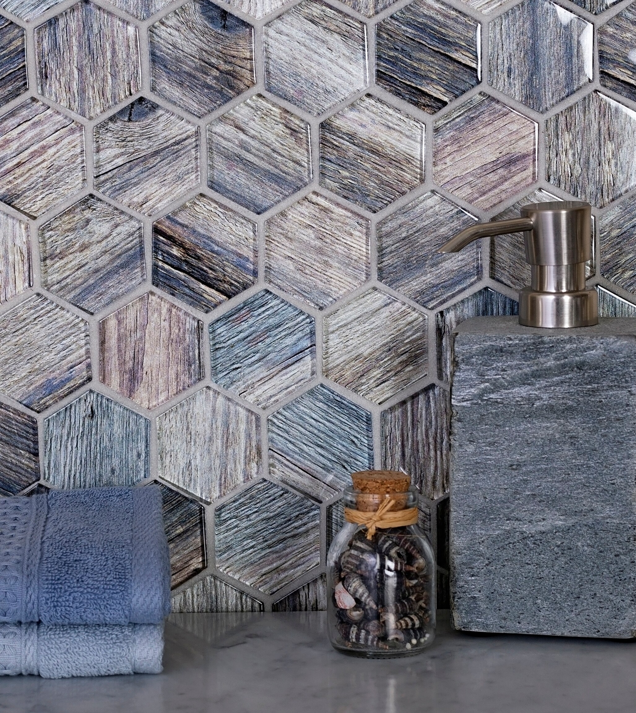 Blue Gray Hexagon Glass Marble Mosaic