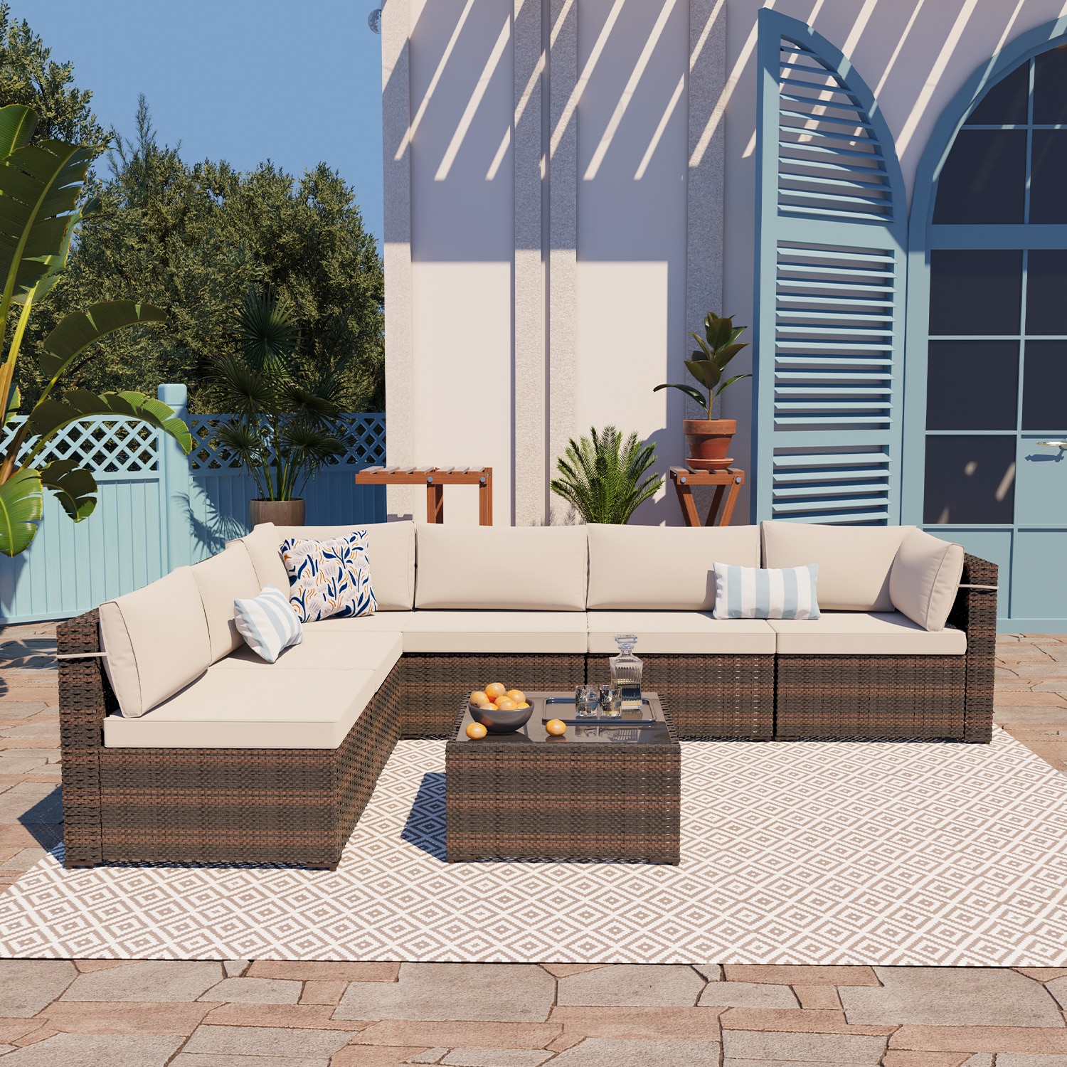 Patio Watcher LS-GJRT7-B4 Rattan Sofa Set 7 -Piece Rattan Patio Conversation Set with Beige Cushions