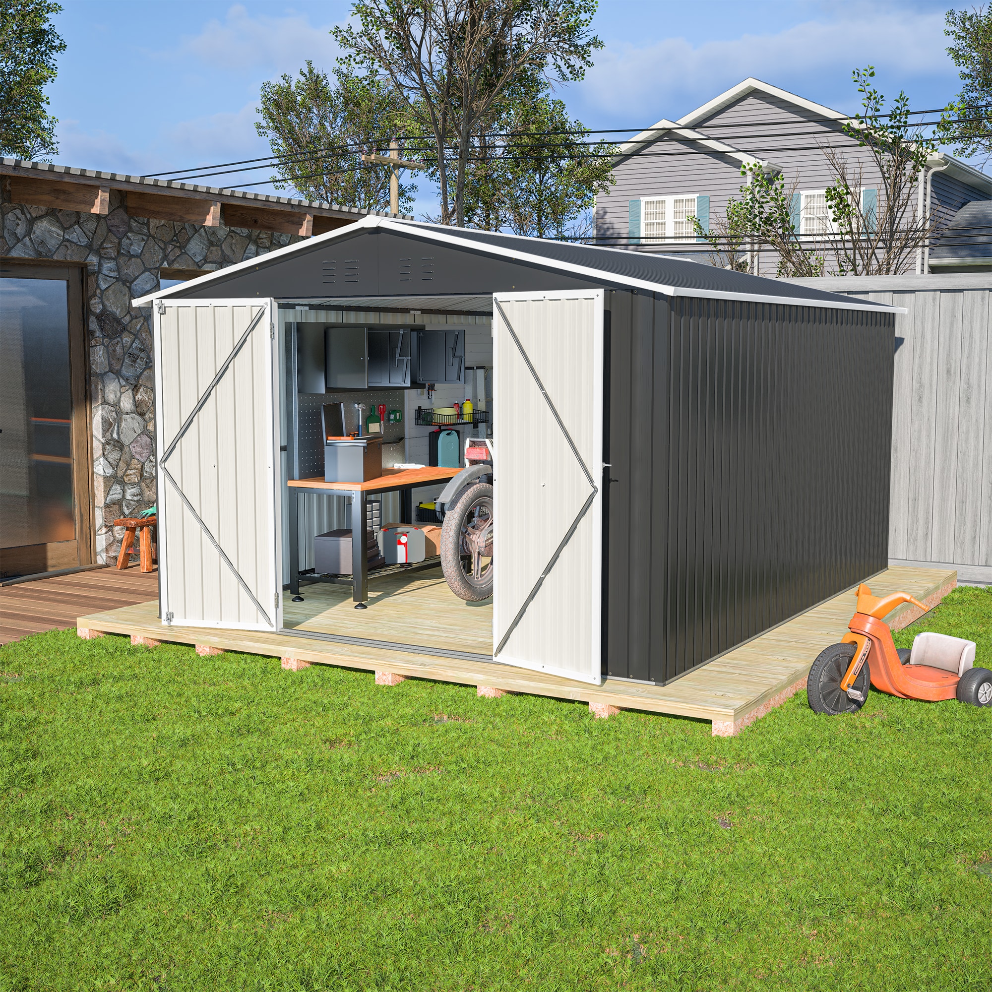 LOVMOR SF-H-W2505S00066 Galvanized Steel Outdoor Shed 113x141x79 Lockable Ventilated Multi Purpose Storage