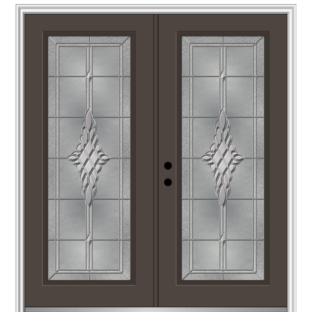 MMI DOOR ZZ366263R 72-in x 80-in x 6-9/16-in Fiberglass Full lite Right-hand inswing Brown Painted Prehung Double Front Door with Brickmould Insulating core