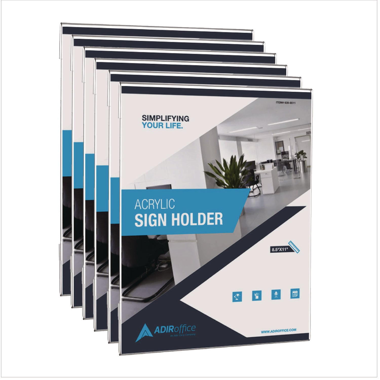 AdirOffice Wall Mount Side Loading Acrylic Sign Holders 8 x 11 Clear Frame 6/Pack