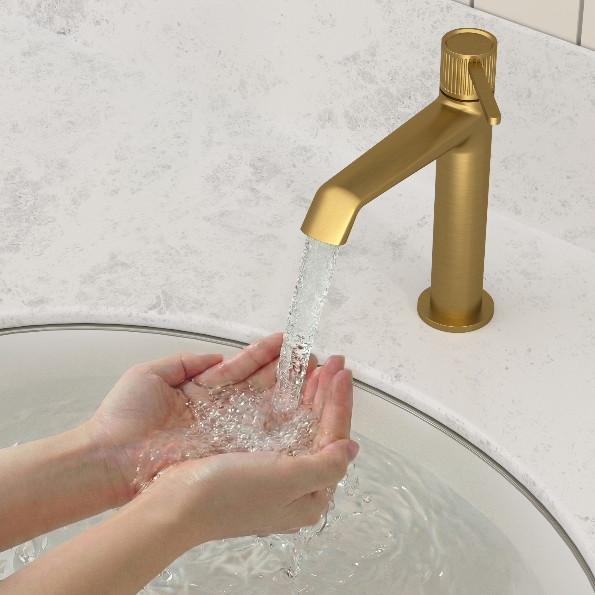 YAWWALK -  Brushed Gold Single Hole Single Handle Mid-Arc Bathroom Sink Faucet with Knurled Handl...