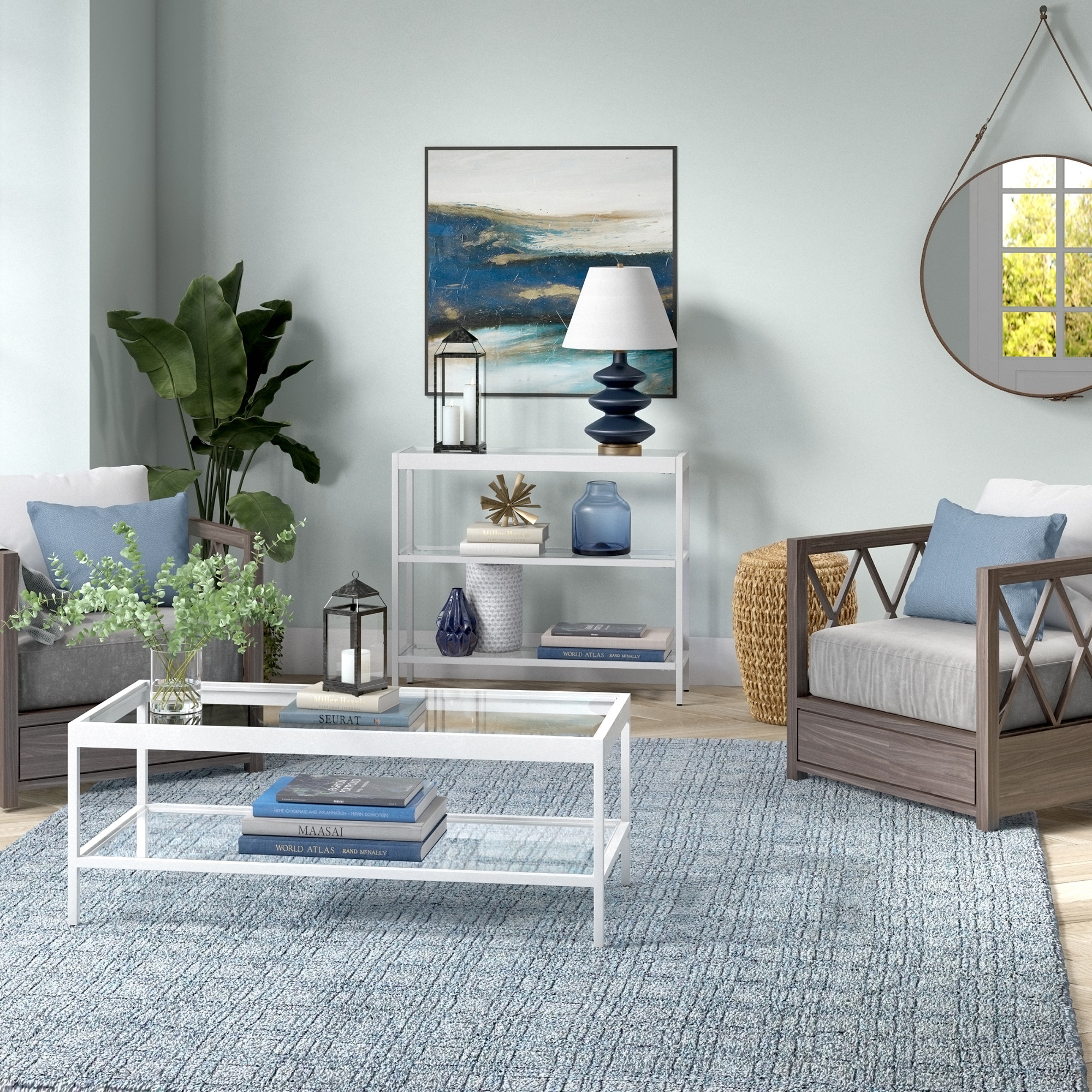 Streamlined White Metallic 36" Console Table with Tempered Glass Shelves