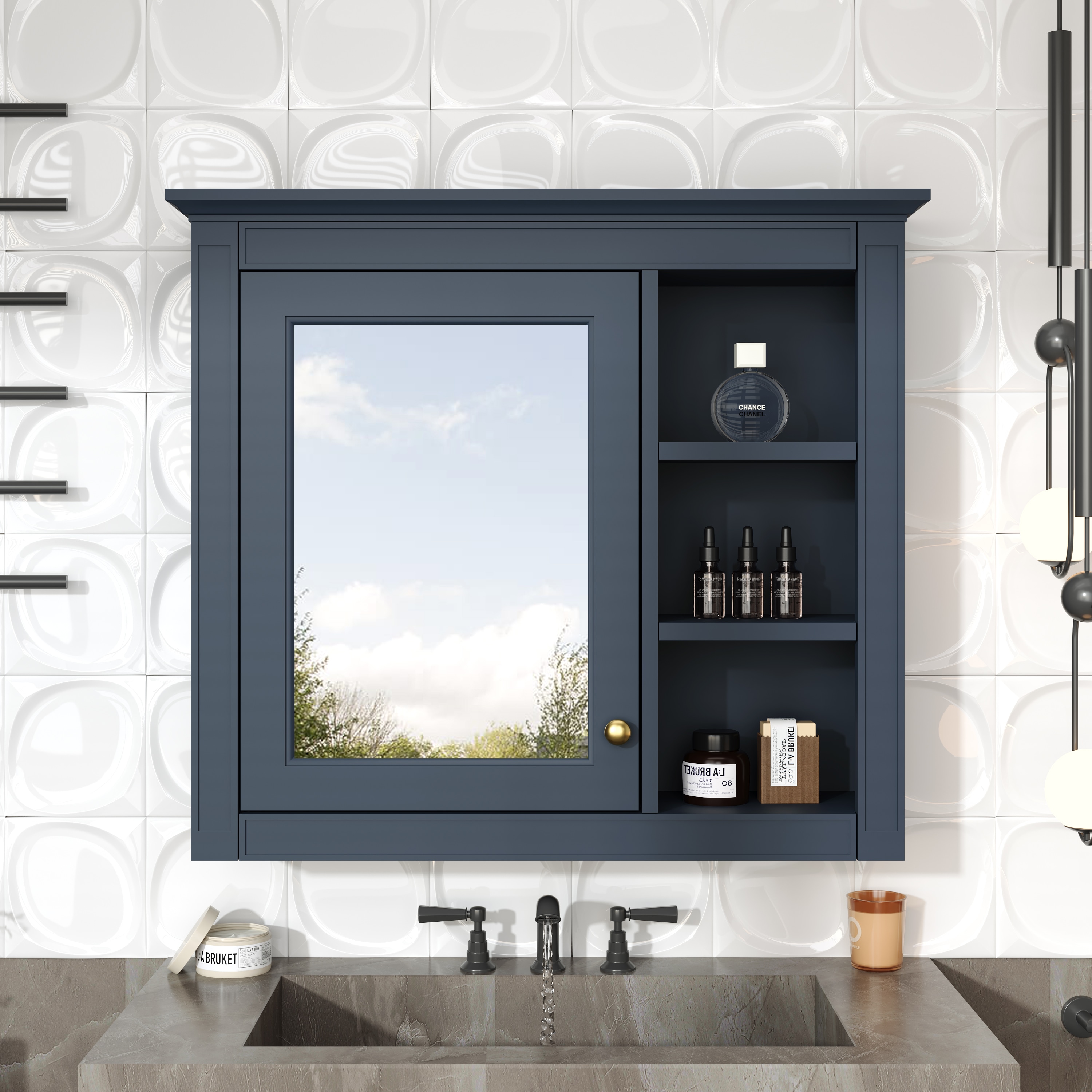 Forclover HBV-452AAC 30-Inches x 28-Inches Surface Mount Blue Mirrored Rectangle Soft Close Medicine Cabinet