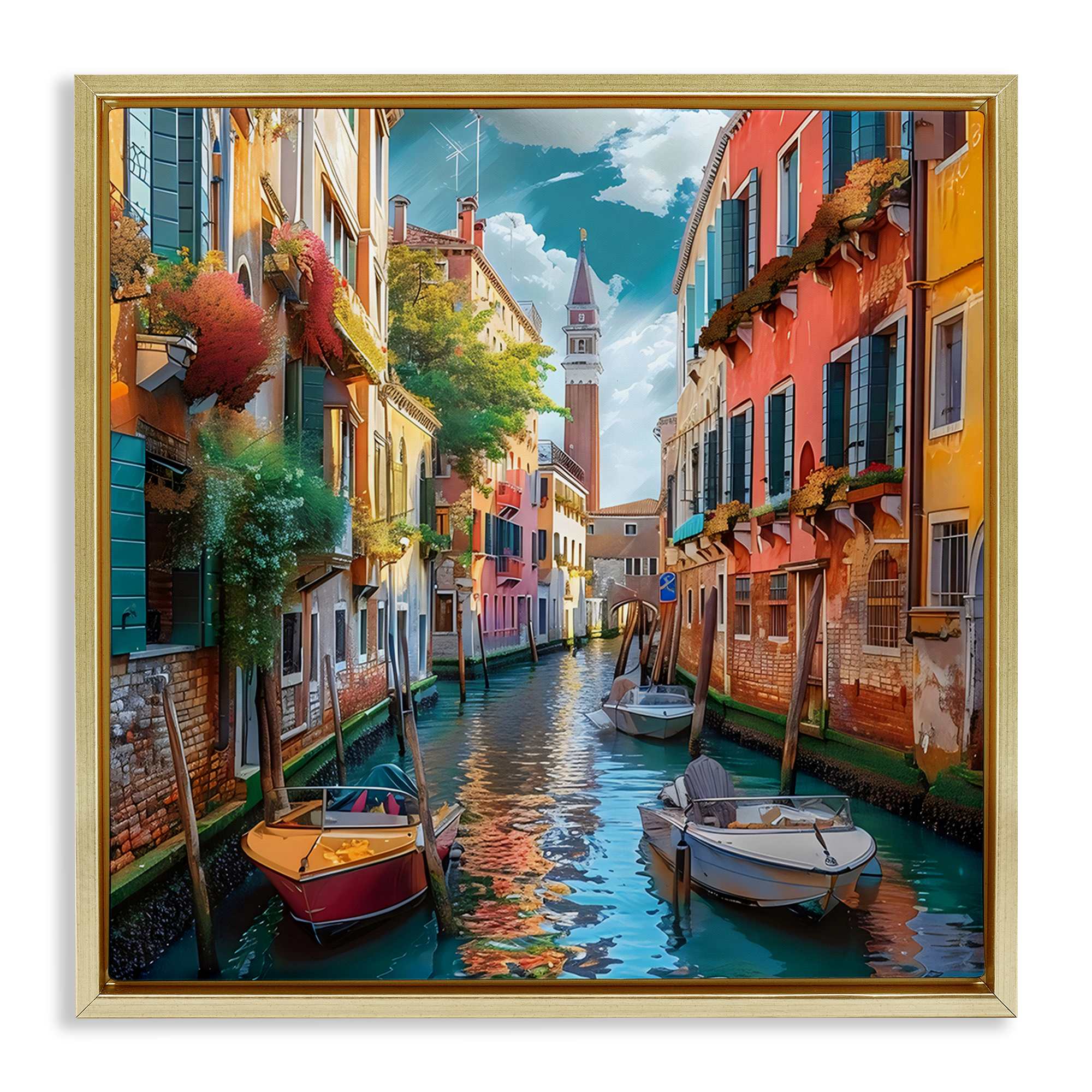 Stupell Industries BW-495-FFG-17X17 Venetian Summer Canal Gold Floating Frame Canvas Art 18 x 18