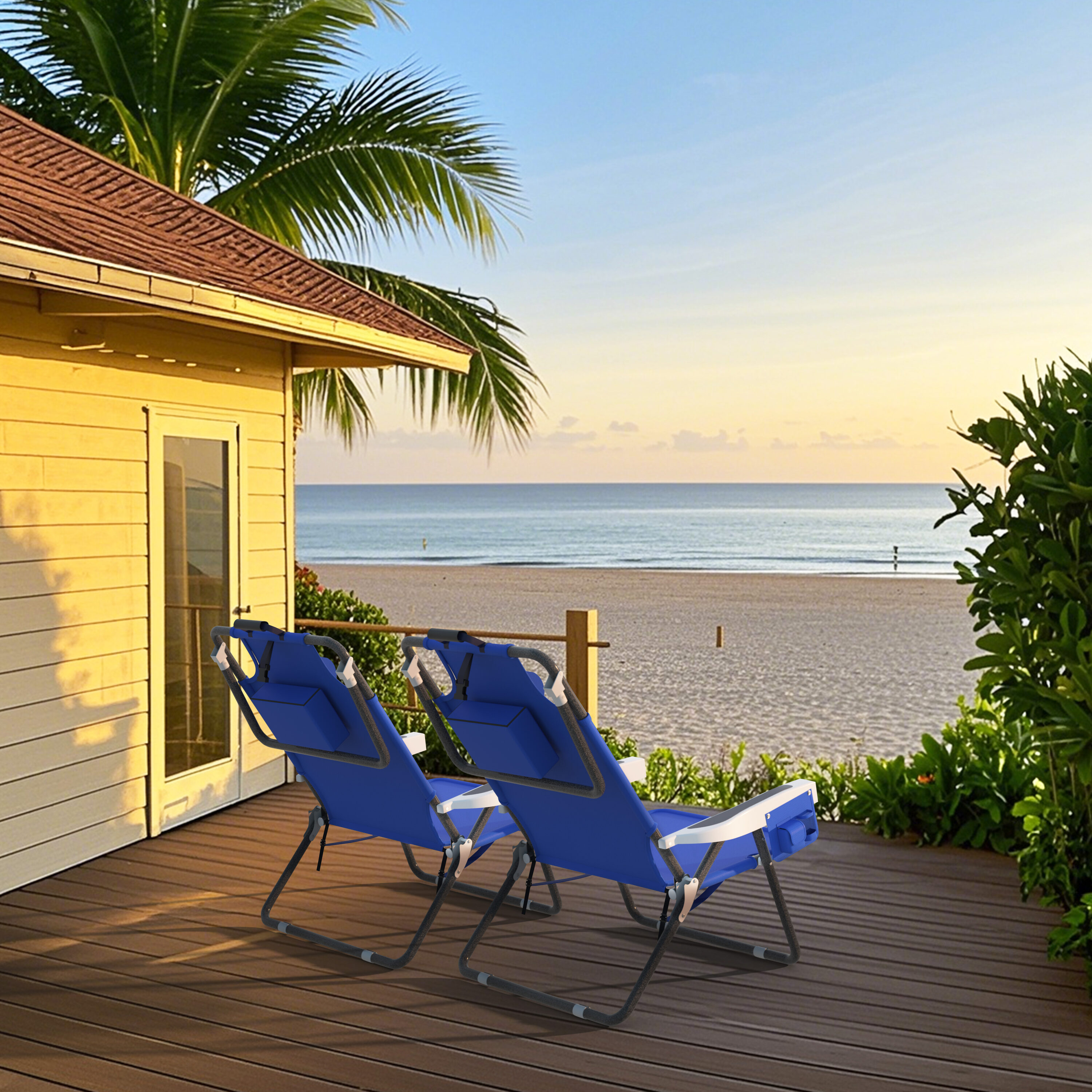 VEIKOUS PG0208-HDPE-NW-2 Set of 2 Stackable Blue Steel Frame Stationary Beach Chair with Blue Woven Seat